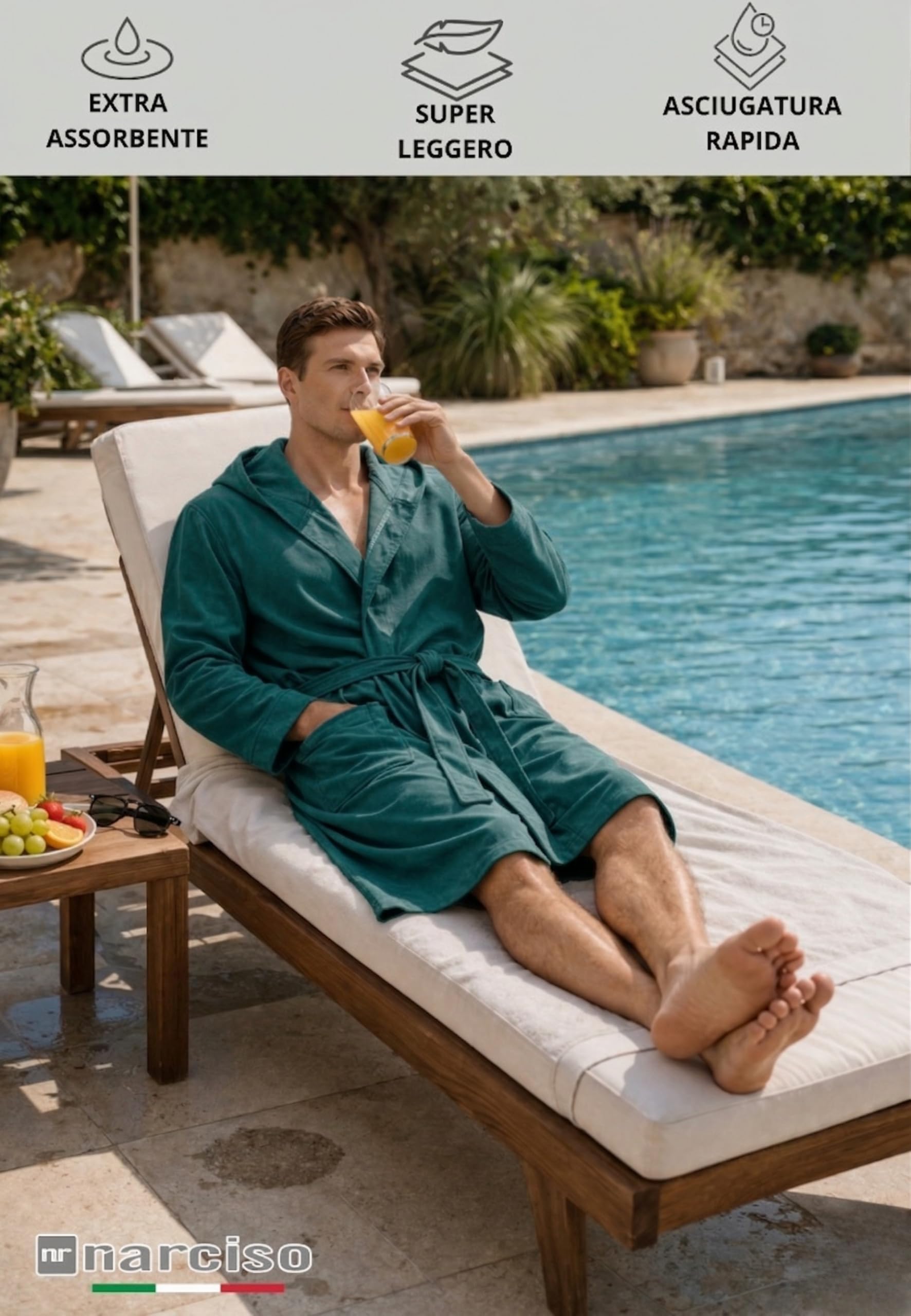 Intimitaly NARCISO - Accappatoio in Microfibra con Cappuccio + OMAGGIO ASCIUGAMANO, Unisex, Asciugatura Rapida, Tasche e Cintura, Omaggio telo, per Piscina e Sport