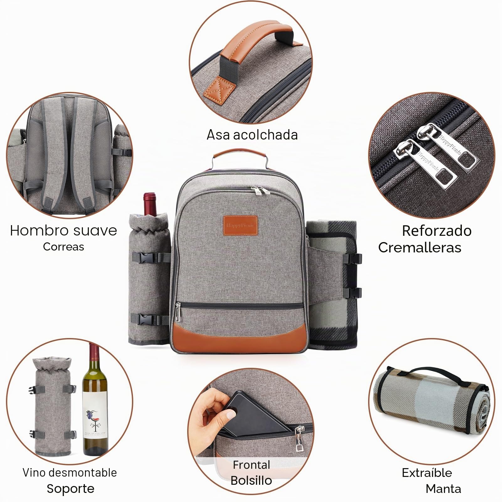 HappyPicnic Mochila de Picnic aislada para 4 Personas con Juego Completo de vajillas, Compartimento de Nevera Muy Espacioso, portabotellas y Alfombra de Picnic Impermeable Grande