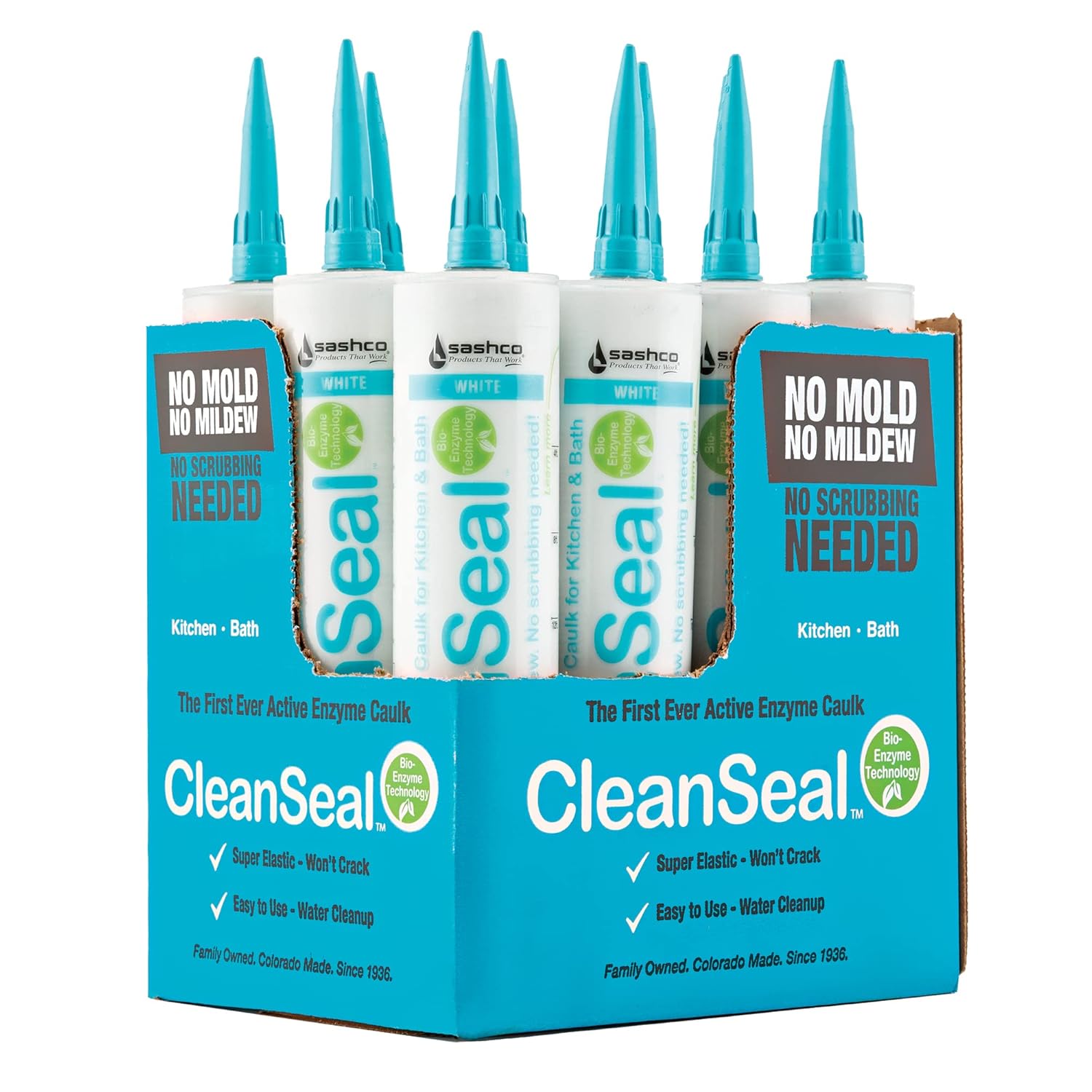 12-Pack of 10.5 Oz. Sashco 11073 White CleanSeal Active Enzyme Caulk for Kitchen and Bath