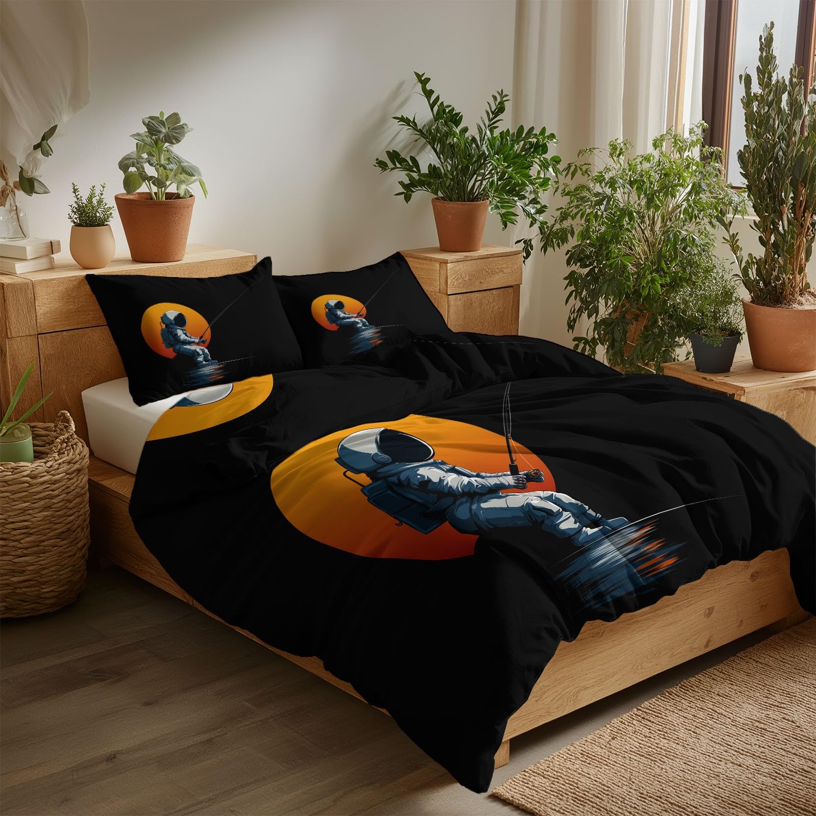 Générique Zestaw pościeli dziecięcej 140 x 200 cm kreskówka księżyc astronauta wędkarstwo poszwa na kołdrę z mikrofibry miękka i oddychająca, czarna pościel 1 osoba zamek błyskawiczny poszewki na