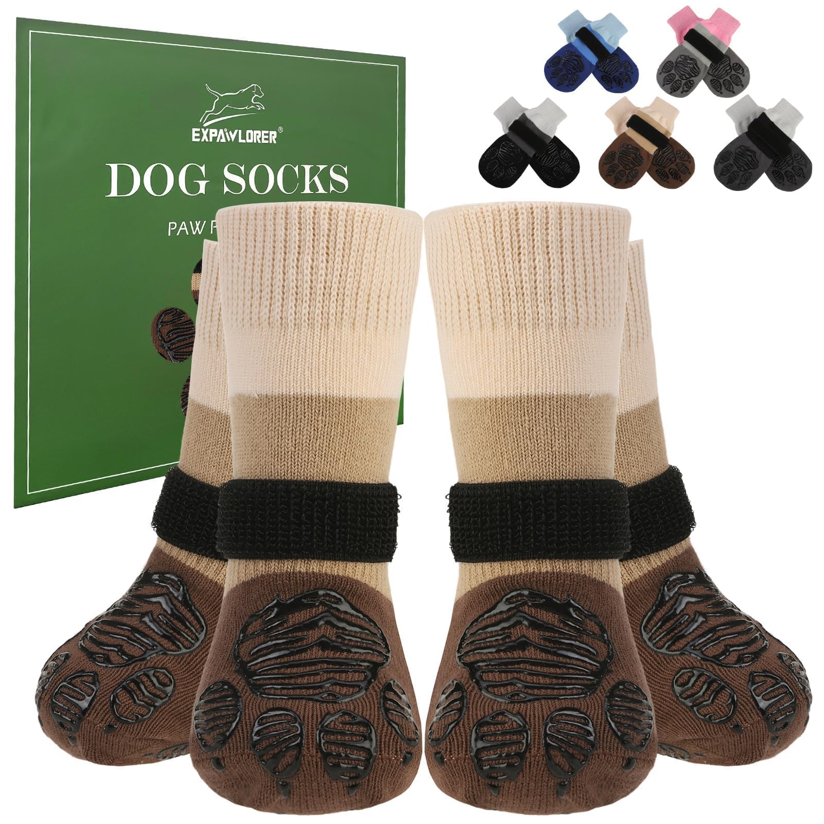 EXPAWLORER Anti Slip Dog Socks Stop Licking Injured Paws with Grips, Dog Shoes for Hot Pavement, Pet Boots & Paw Protector for Hardwood Floors for Small Medium Large Senior Breeds, Khaki L