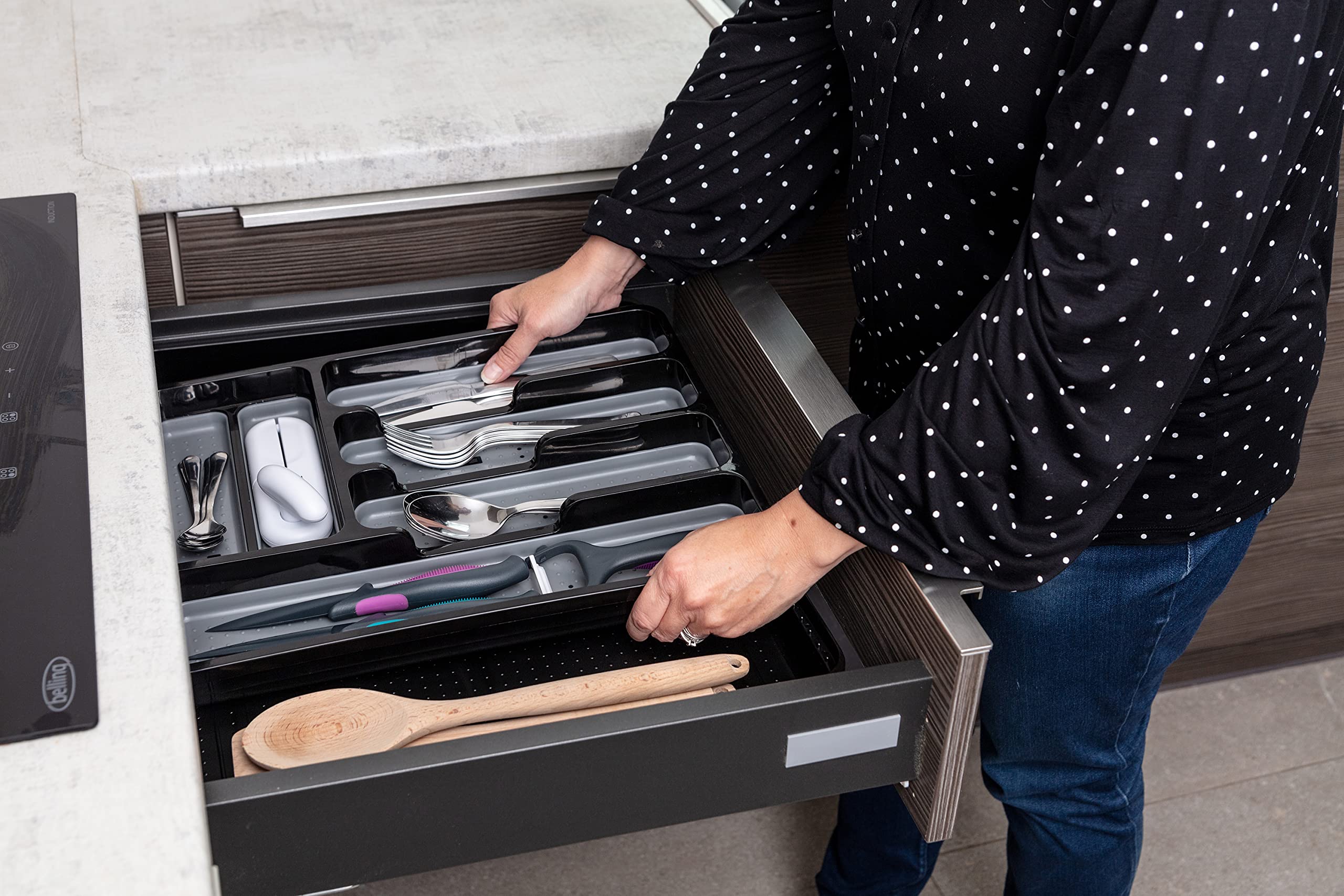 Addis Vassoio organizer per posate da 6 a 8 scomparti, estensibile, morbido al tatto, nero e grigio, 6-8 sezioni