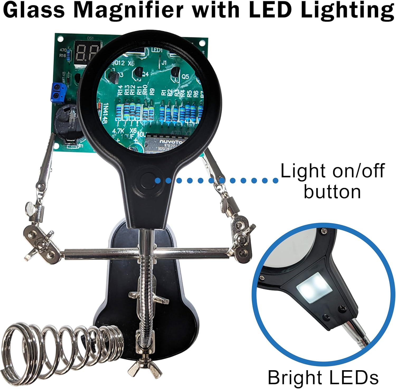 Helping Hand Project Holder Soldering Aid with Flexible 2.5x Magnifying Glass, LED Lights, and Soldering Iron Holder - by Electronix Express