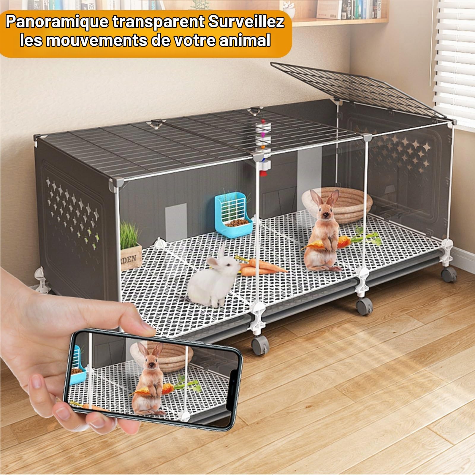 Cage à Lapin Fermée, Cage à Lapin D'Intérieur avec Plateau Coulissant Extra Large, Roue Universelle Panoramique à 360° Transparente pour Lapin, Furet, Chinchilla