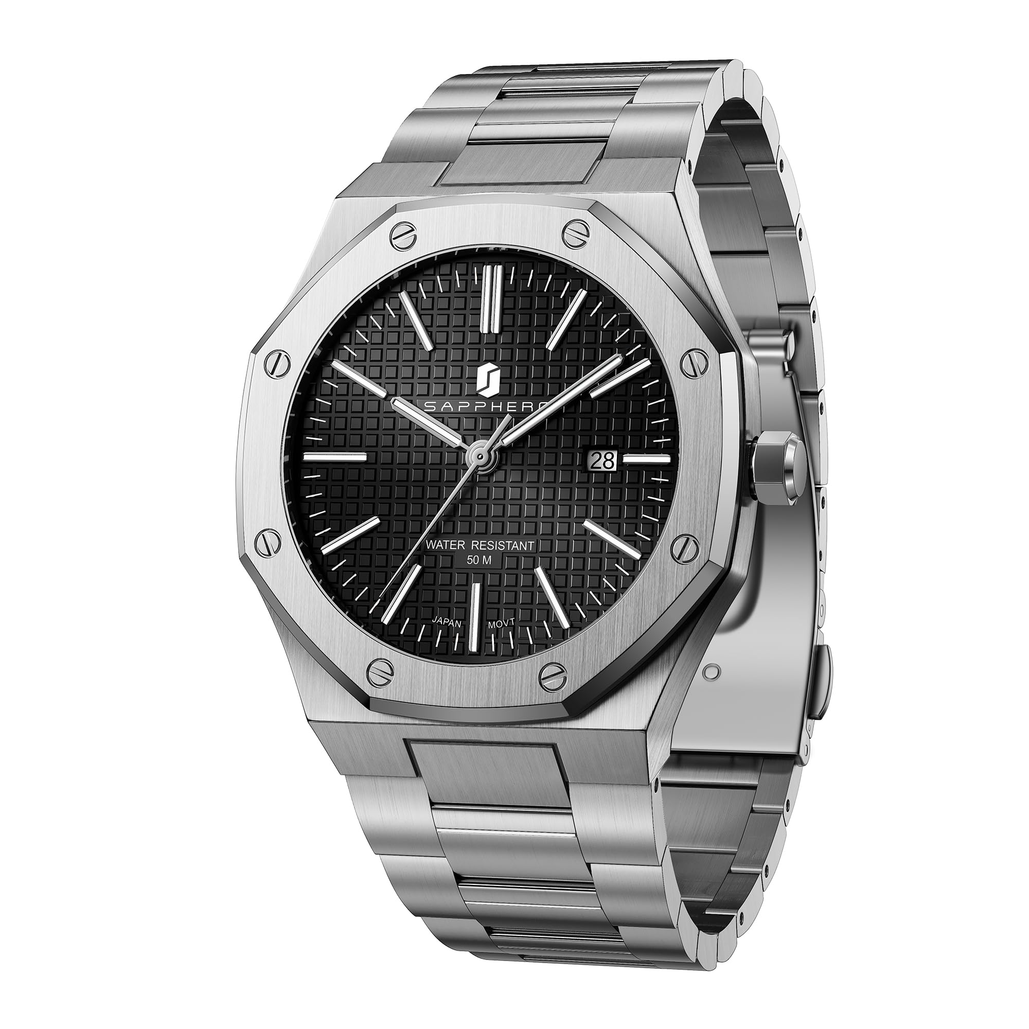 SAPPHERO Octagon Men's Watch, Waterproof 30 m Analogue Quartz Watch, Classic Business Casual Gold Stainless Steel Watch with Date Elegant Gift, Silver Strap And Black Dial, bracelet