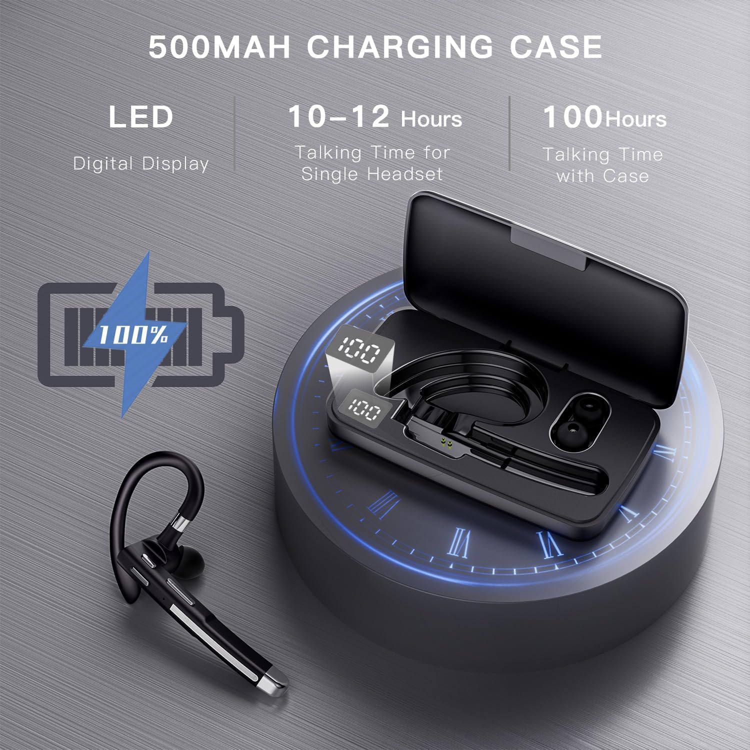Bluetooth Headset V6.1, Wireless Bluetooth Earpiece with 500mAh Charging Case 100 Hours Talking Time, CVC8.0 Noise Cancelling Single-Ear Earphone, Hand-Free Headphones for Trucker, Office, Business - 5