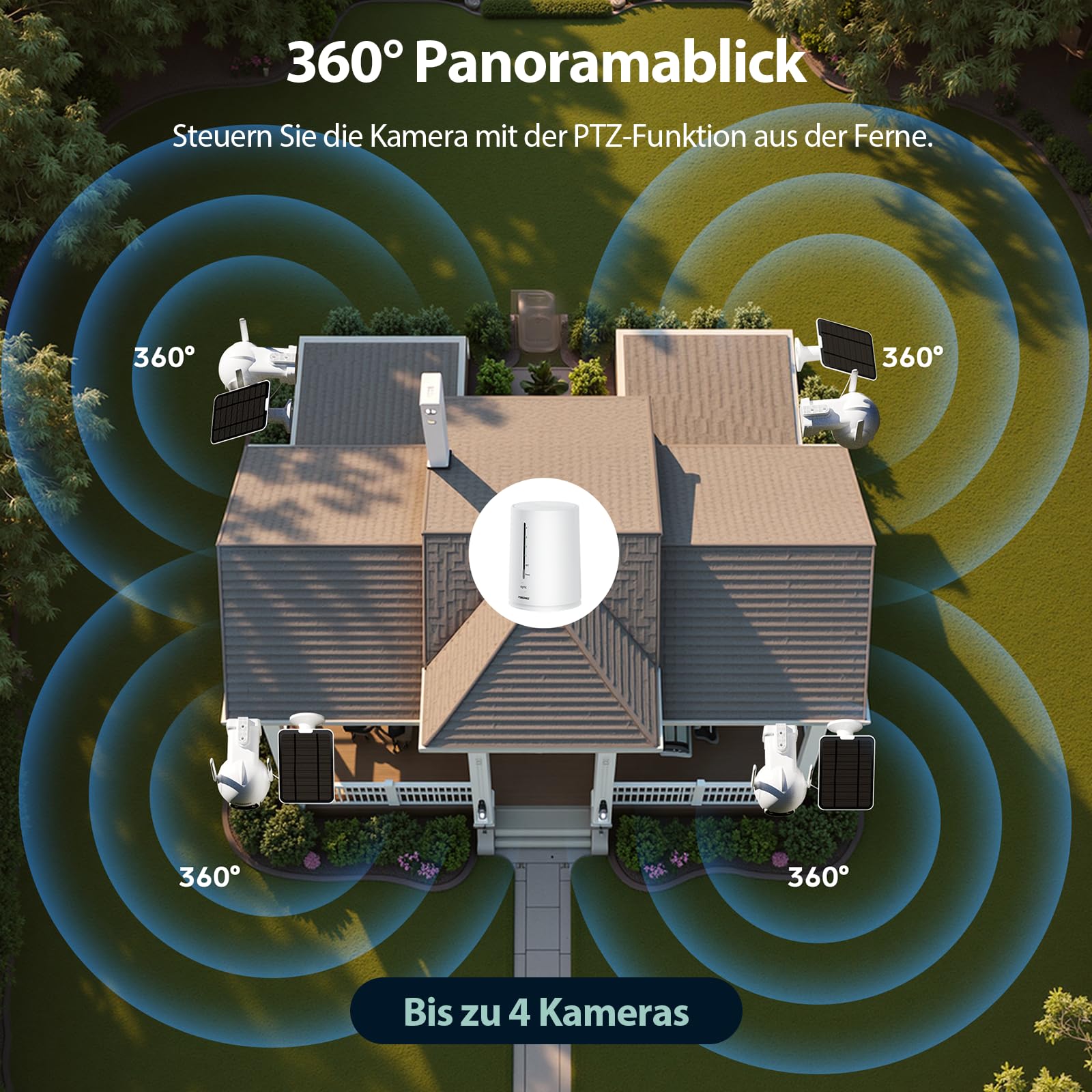 2K Überwachungskamera Aussen Solar Akku, 360° PTZ Panorama