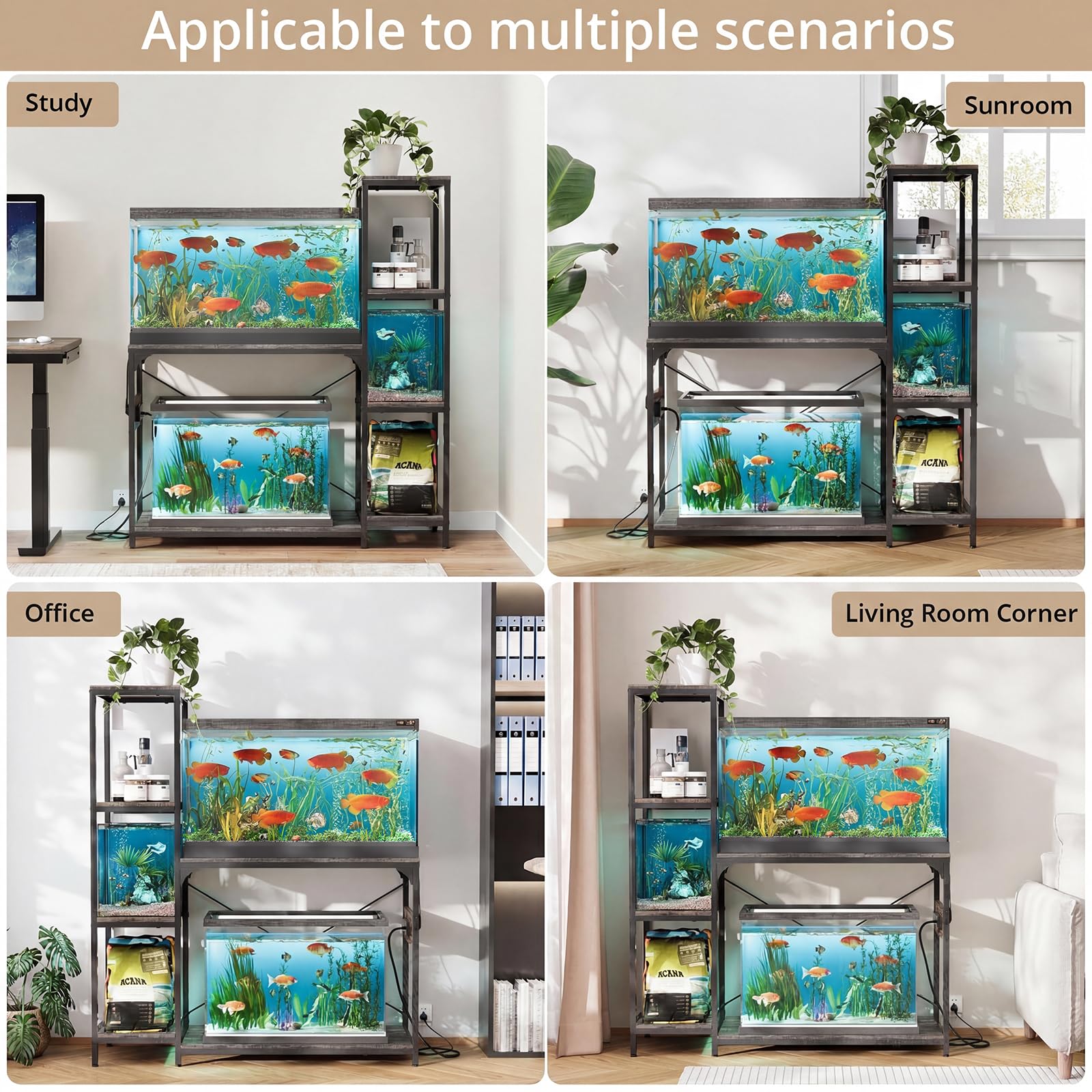 VOWNER Aquarium-Ständer mit Steckdose, Holz, mit Ablagen für Aquarium-Zubehör, robuster Metallrahmen, Schildkröten-Reptilien-Terrarium-Ständer, Tragkraft 227 kg, Grau