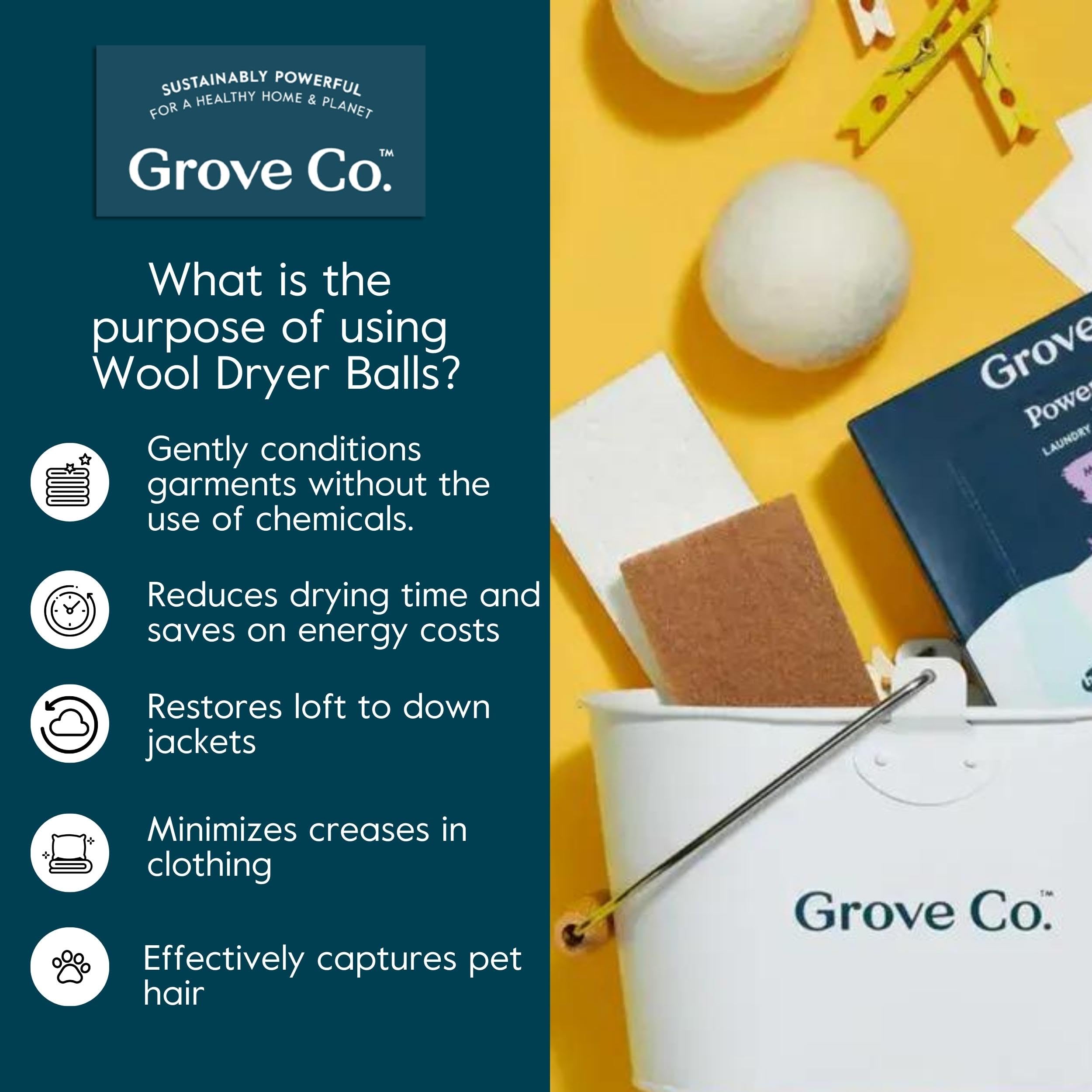 Grove Co. Bolas de lana para secadora, bolas reutilizables para secadora, 100% lana de Nueva Zelanda, reducen el tiempo de secado, arrugas y estática, esenciales para la ropa sucia de diseño