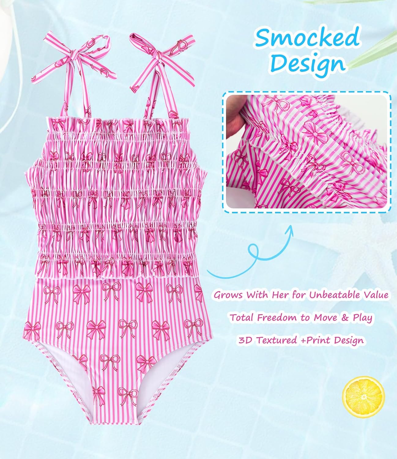 Toddler Girls Swimsuits Adjustable Straps One-Piece Swimwear Baby Girl Smocked Bathing Suits 2-6T - Image 3