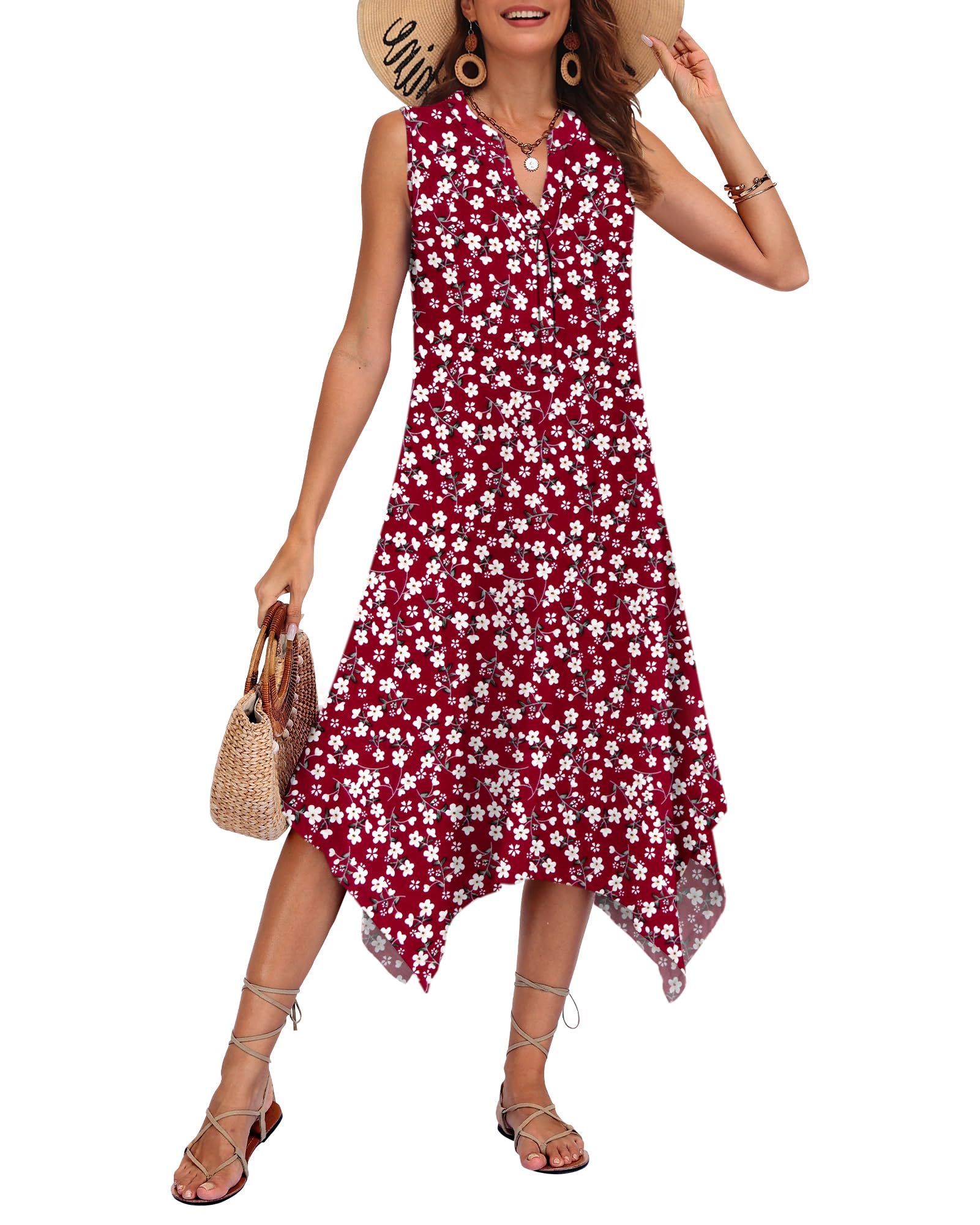 AUSELILY Womens Summer Midi Dress V Neck Sleeveless Casual with Pockets | Flowy womens summer dress with asymmetrical hem, great for beach, vacation and daily wear