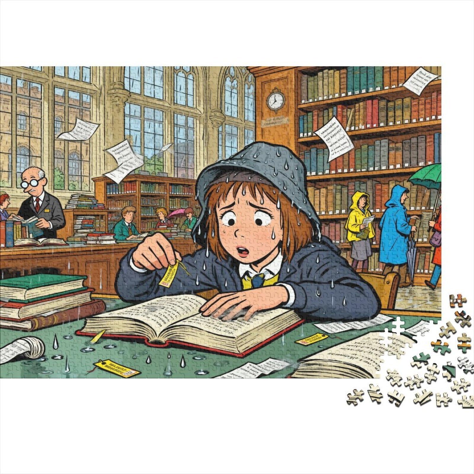 Rainy Day Library Visit Wooden Jigsaw Puzzle Waterproof 1000 Piece Puzzles for Adults Impossible Home Decoration — image 1