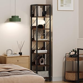 IDEALHOUSE Narrow Bookshelf Tall Skinny Bookcase 6 Tier Storage Rack Rustic Corner Shelf Metal Frame Small Freestanding Bookshelves Industrial Display Stand for Bedroom, Living Room, Home Office