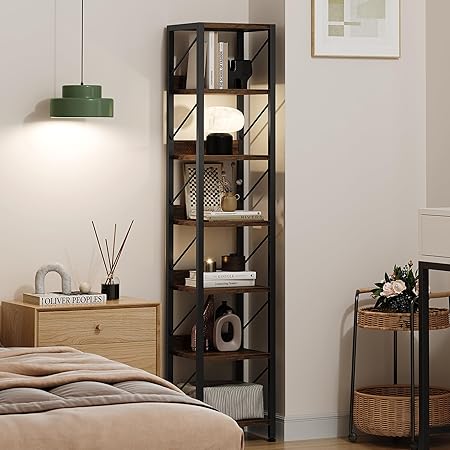 IDEALHOUSE Narrow Bookshelf Tall Skinny Bookcase 6 Tier Storage Rack Rustic Corner Shelf Metal Frame Small Freestanding Bookshelves Industrial Display Stand for Bedroom, Living Room, Home Office