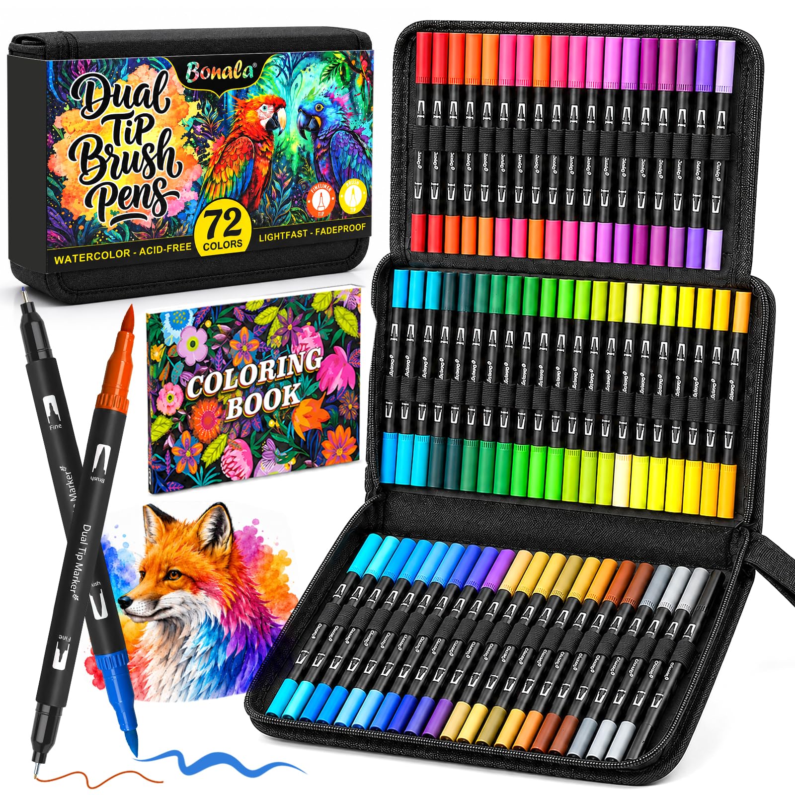 Bonala 72 Colours Dual Tip Colouring Pens, Fine & Brush Tip Coloured Pens for Adult Colouring Books, Fineliner Pens & Brush Pens with Case for Drawing, Sketching & Calligraphy — image 1
