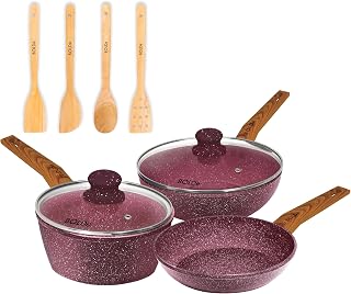UltraGran 9-in-1 Cookware Set | Granite Non-Stick Coating, Wok, Sauce and Frying Pan, Lids and Wood Utensils