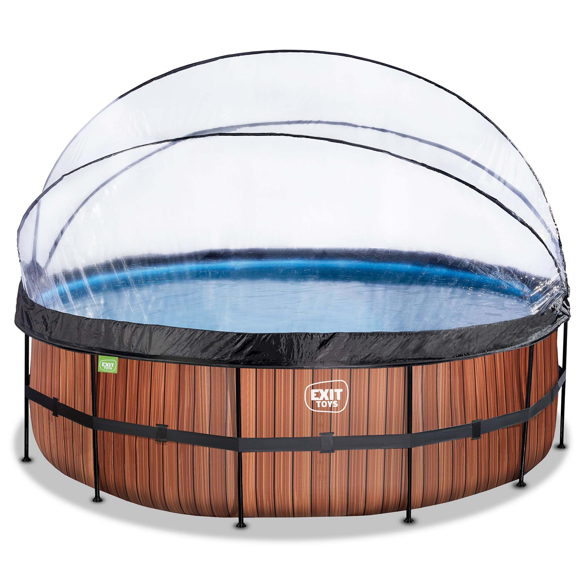 EXIT Toys Piscine Wood avec dôme multifonctionnelle - ø450x122cm - Grande piscine avec pompe à filtre à sable et échelle de piscine - Extra profonde - Pour une eau de piscine propre et chaude - Marron