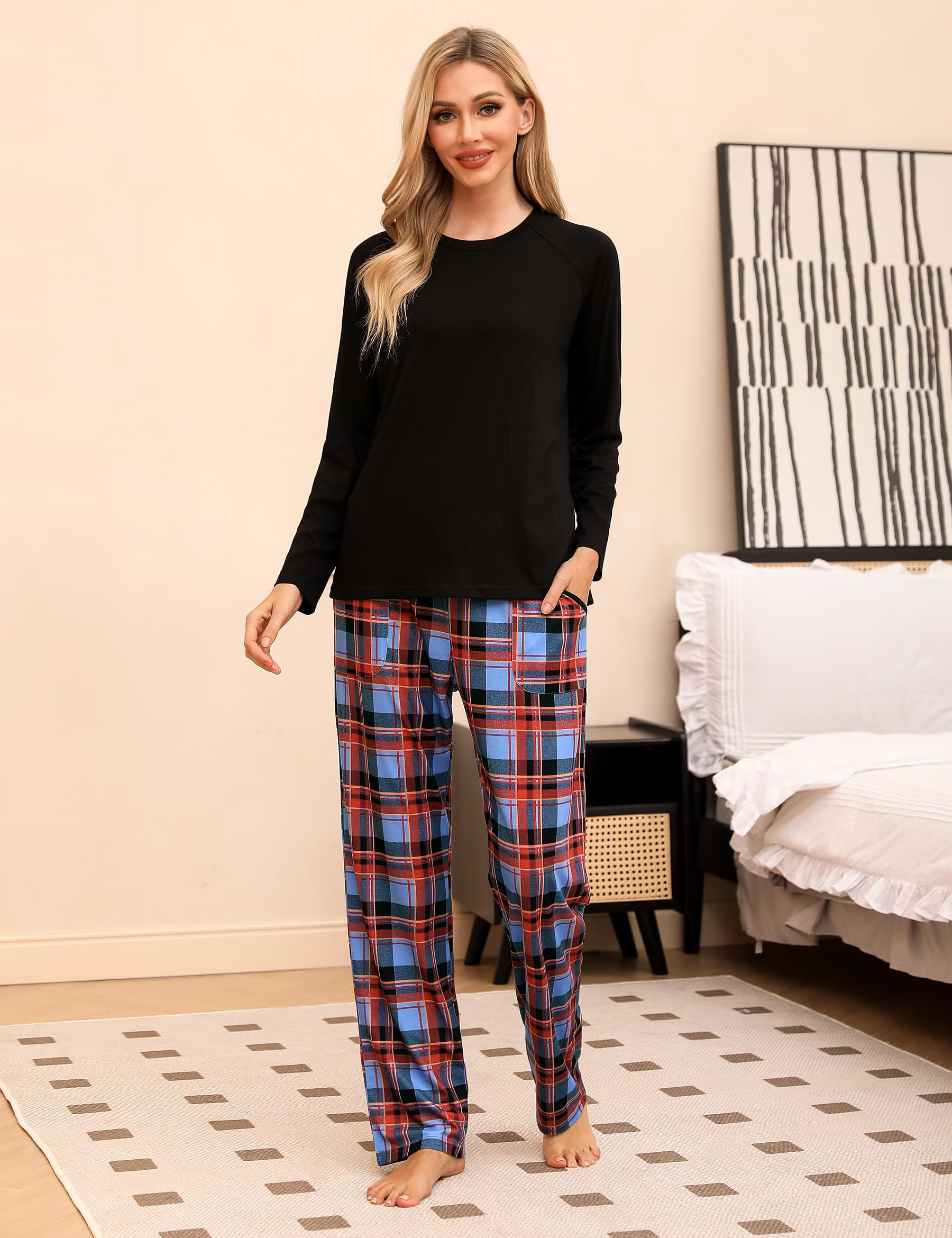 Uniexcosm Pigiama Donna, Pigiama a Quadri Donna Lungo Pigiama da Donna Cotone Leggero con Girocollo Pigiama 2 Pezzi Donna con Tasca Sciolto Accogliente per Casa e Casuale