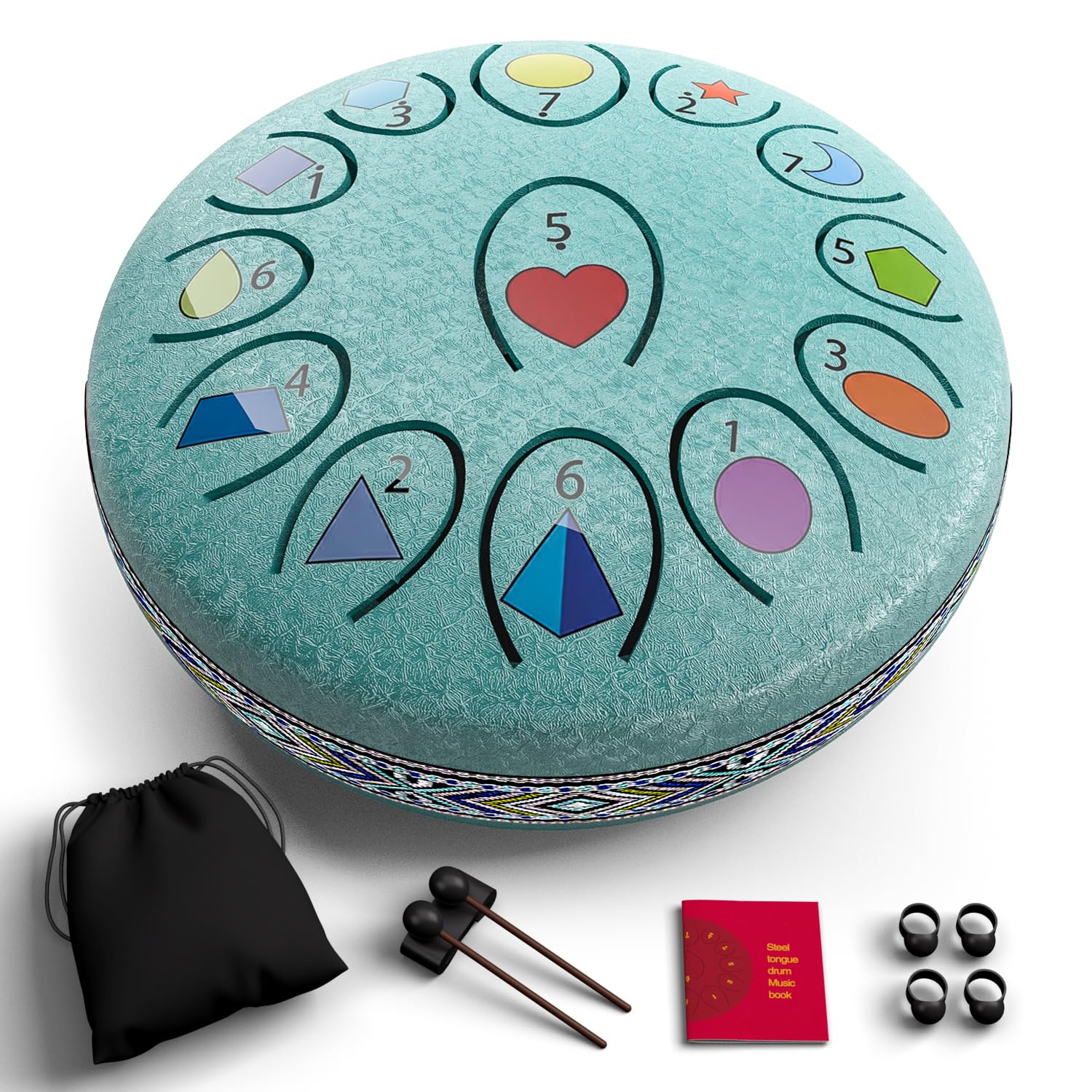 REGIS 야외 정원용 레인 드럼, 16.8cm(6.8인치) 13노트 스틸 텅 드럼, 방수 명상 레인 차임, UV 프린트 노트 및 기하학적 디자인, 가방, 망치 및 음악책(말라카이트) 포함