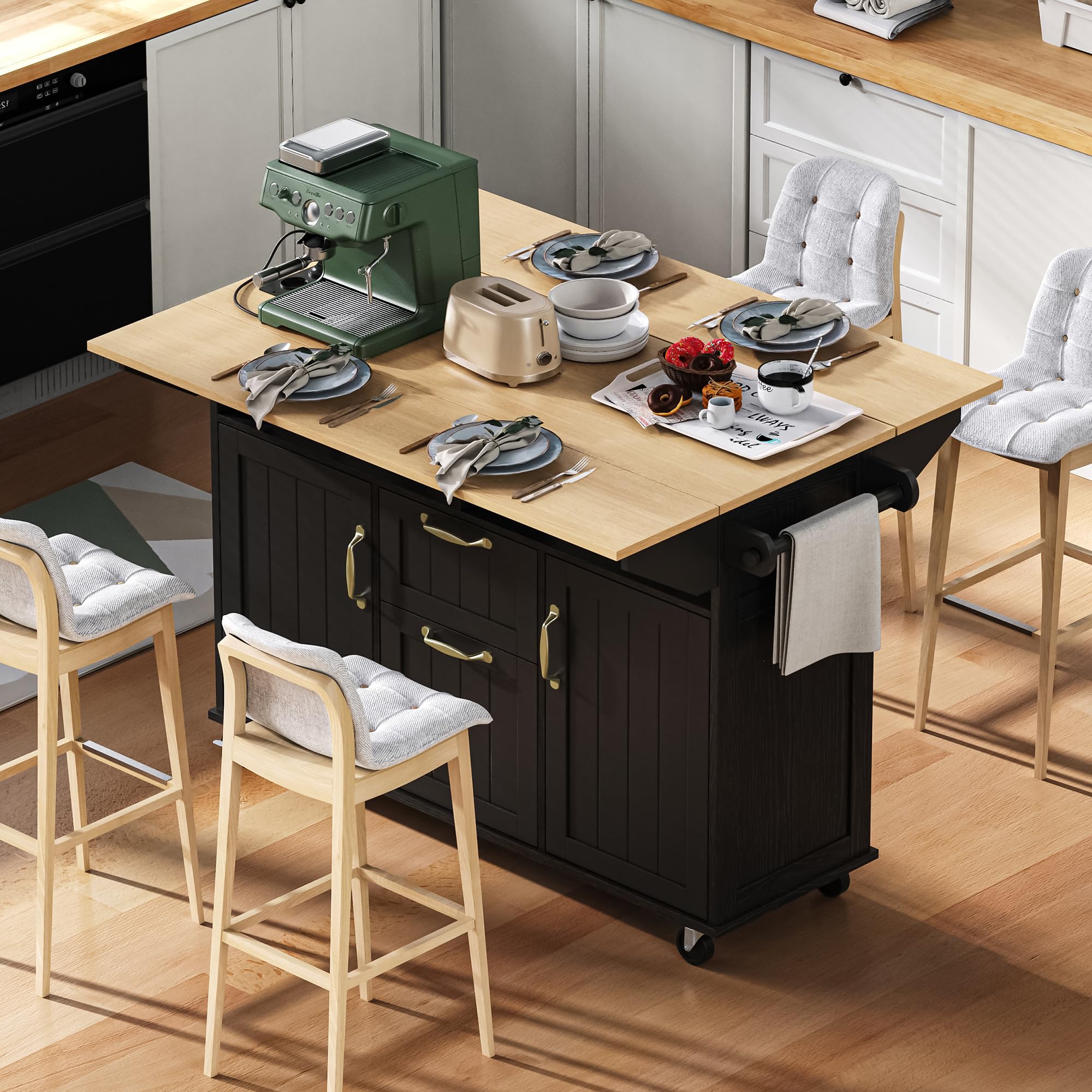 Îlot Central Cuisine, Meuble Cuisine avec Plan de Travail, Multiprises, Poubelle Cuisine, Tiroirs et Porte-Serviettes, Desserte Cuisine sur roulettes pour Cuisine et Salle à Manger, Noir