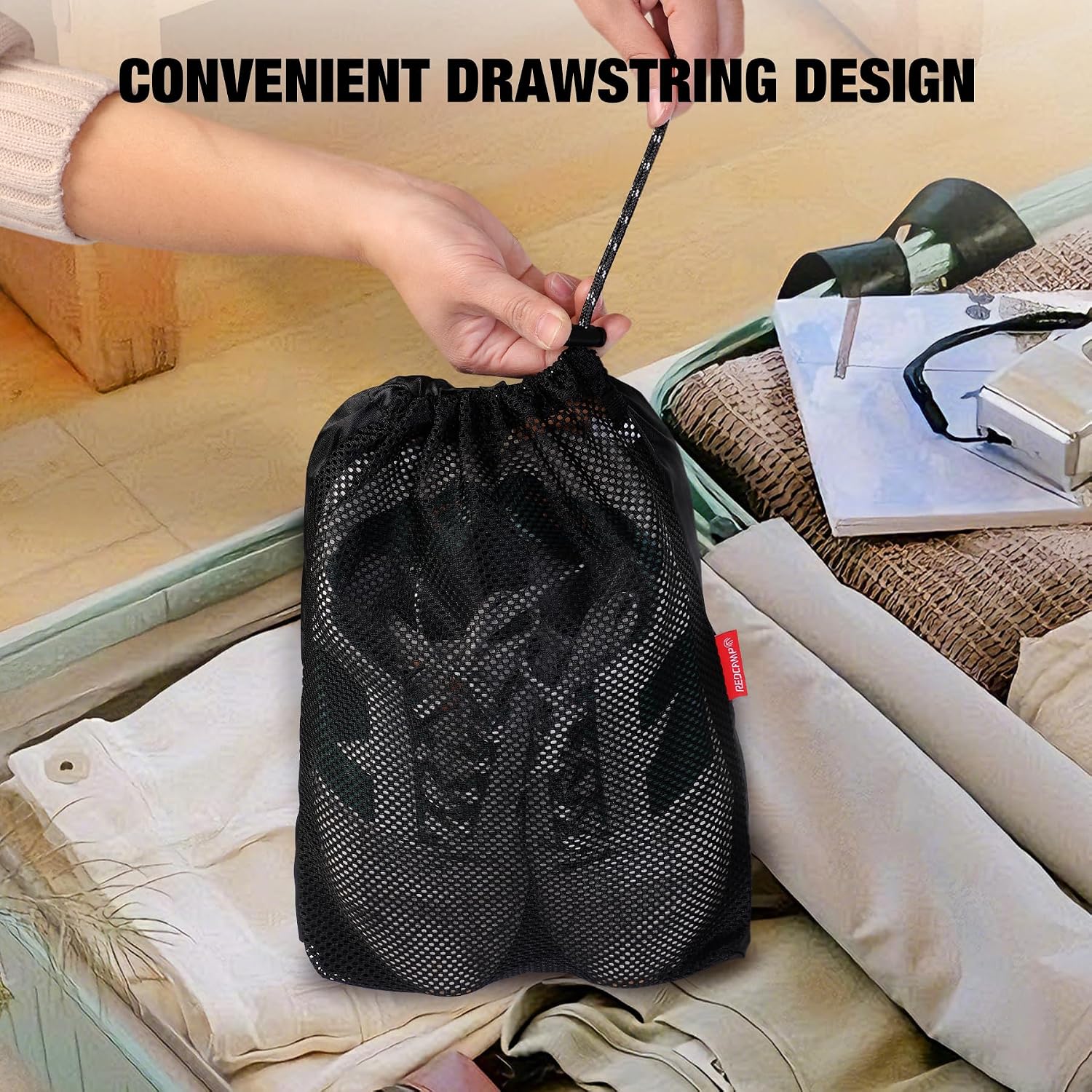 REDCAMP 5PCS Small Ditty Bags Set for Backpacking, Ultralight Nylon Mesh Drawstring Stuff Sack Assortment Storage Pouch Bags for Outdoor Camping Indoor Home, Black Red Green Grey Orange
