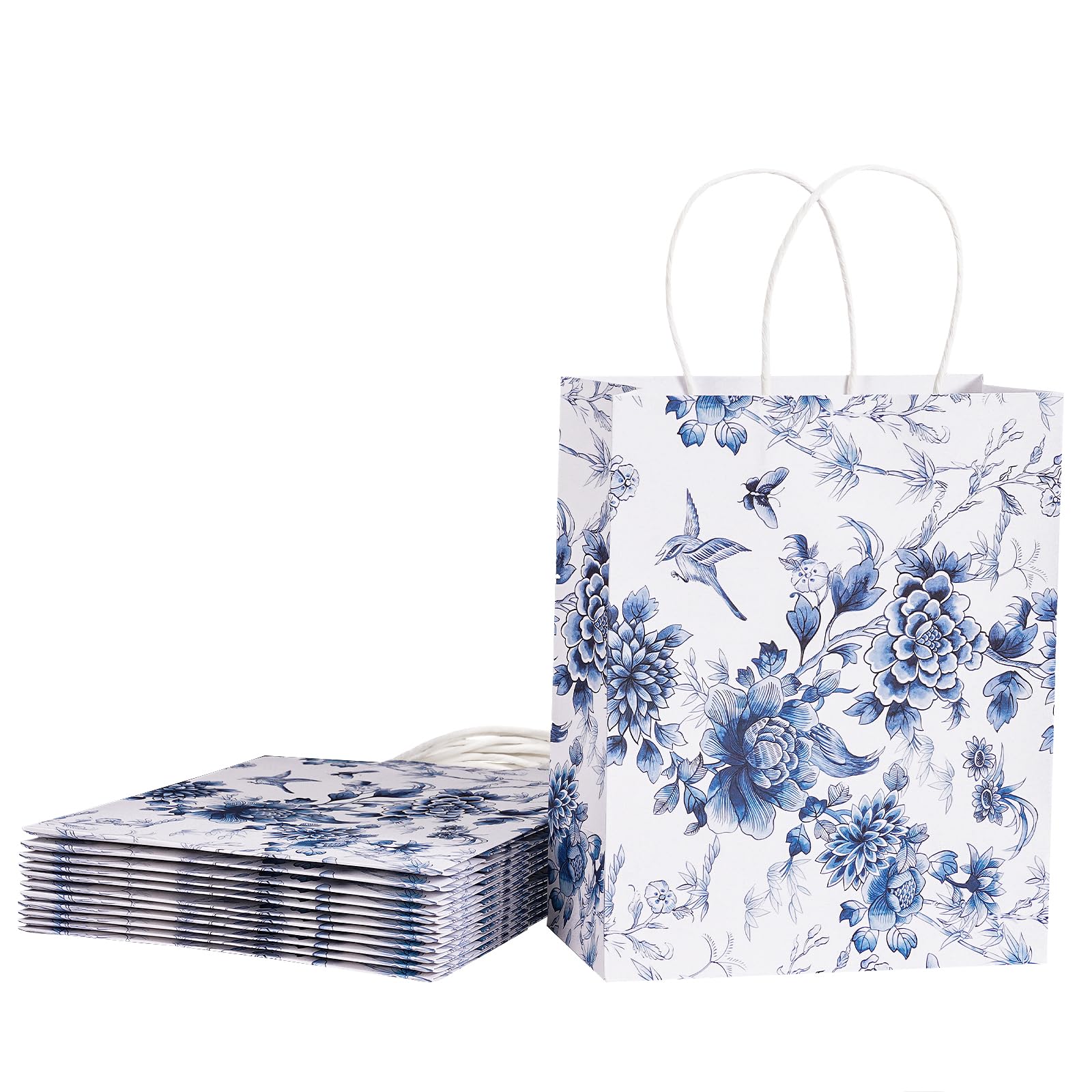Loveinside Blue and White Flower Paper Gift Bag, Vintage Floral Deisgn with Handles Grocery Shopping Bags Candy Goodie Bags for Birthday, Wedding,