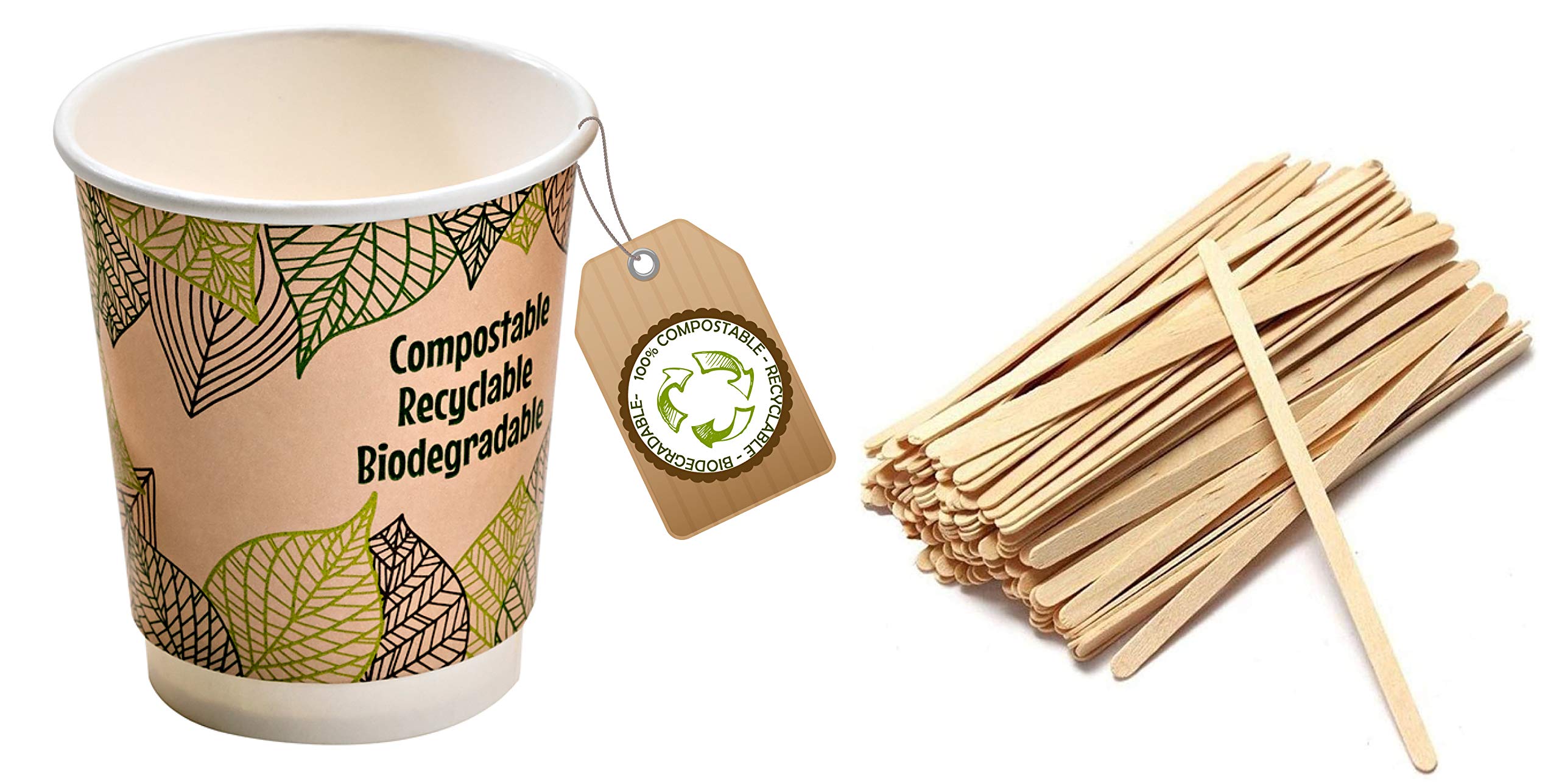 Vasos desechables de 230 ml, biodegradables, reciclables y compostables, de papel kraft con pared de doble capa para capuchino, agua o bebidas calientes y frías.