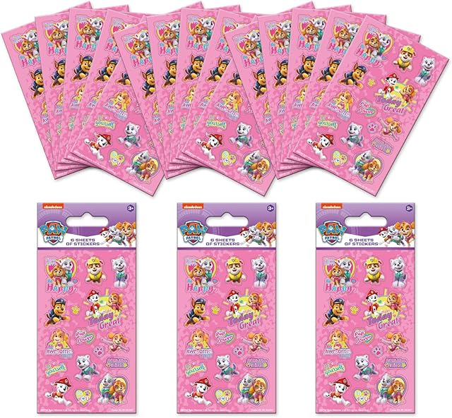 Paper Projects Paw Patrol Pink Party Bag Sticker Bundle (18 Sheets) | Perfect for Childrens Parties and Stocking Fillers | Can be Used for Decoration and Scrapbooking,12.5cm x 7.5cm