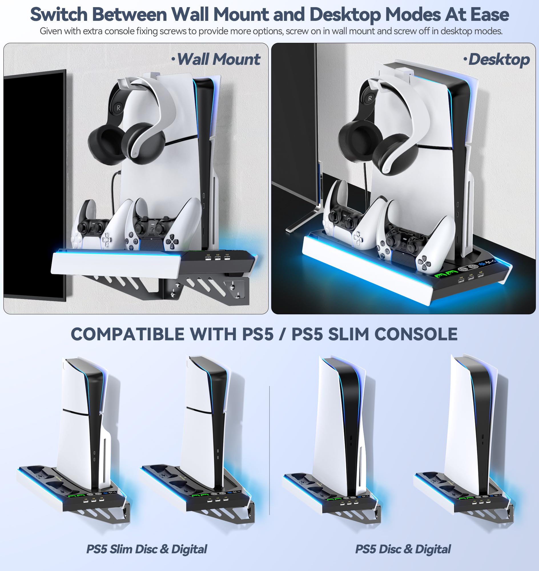 Tokluck Support Mural PS5 - Station de Refroidissement pour PS5 Slim/Original Disc & Digital, Ventilateur à 3 Niveaux, Accessoires pour Chargeur Manette