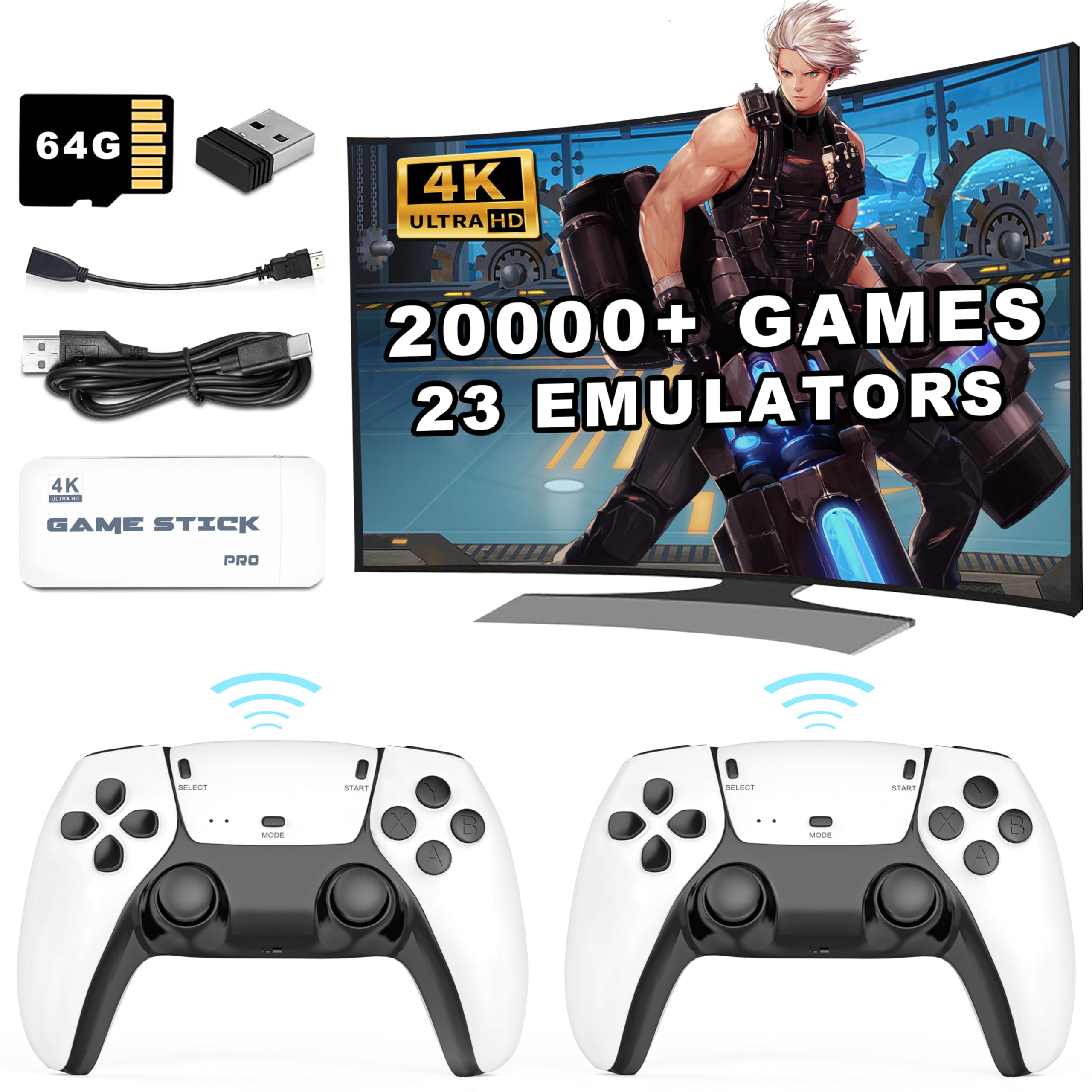 Wireless Retro Game Stick - 20000+ Games, HD Output System Built in 23 Emulators Plug and Play Video Game Consoles with 64GB TF Card, 2.4G Wireless Controllers - Ideal Gift for Gamers of All Ages