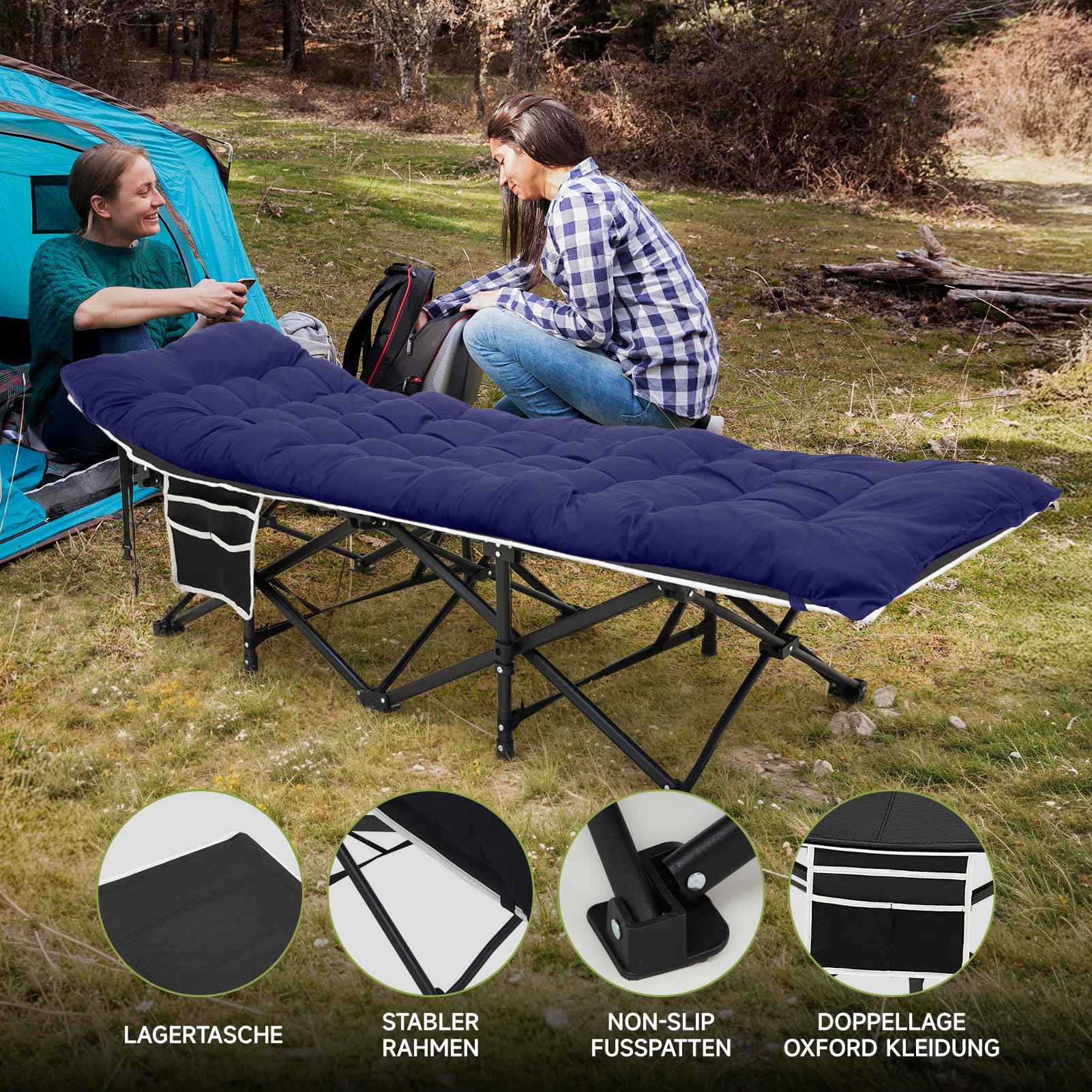 Warmiehomy Letto da campeggio con materasso, lettino da campo con cuscino per adulti, extra largo, pieghevole, XXL, pieghevole, con tasca laterale, portatile, pieghevole, per esterni, colore: blu