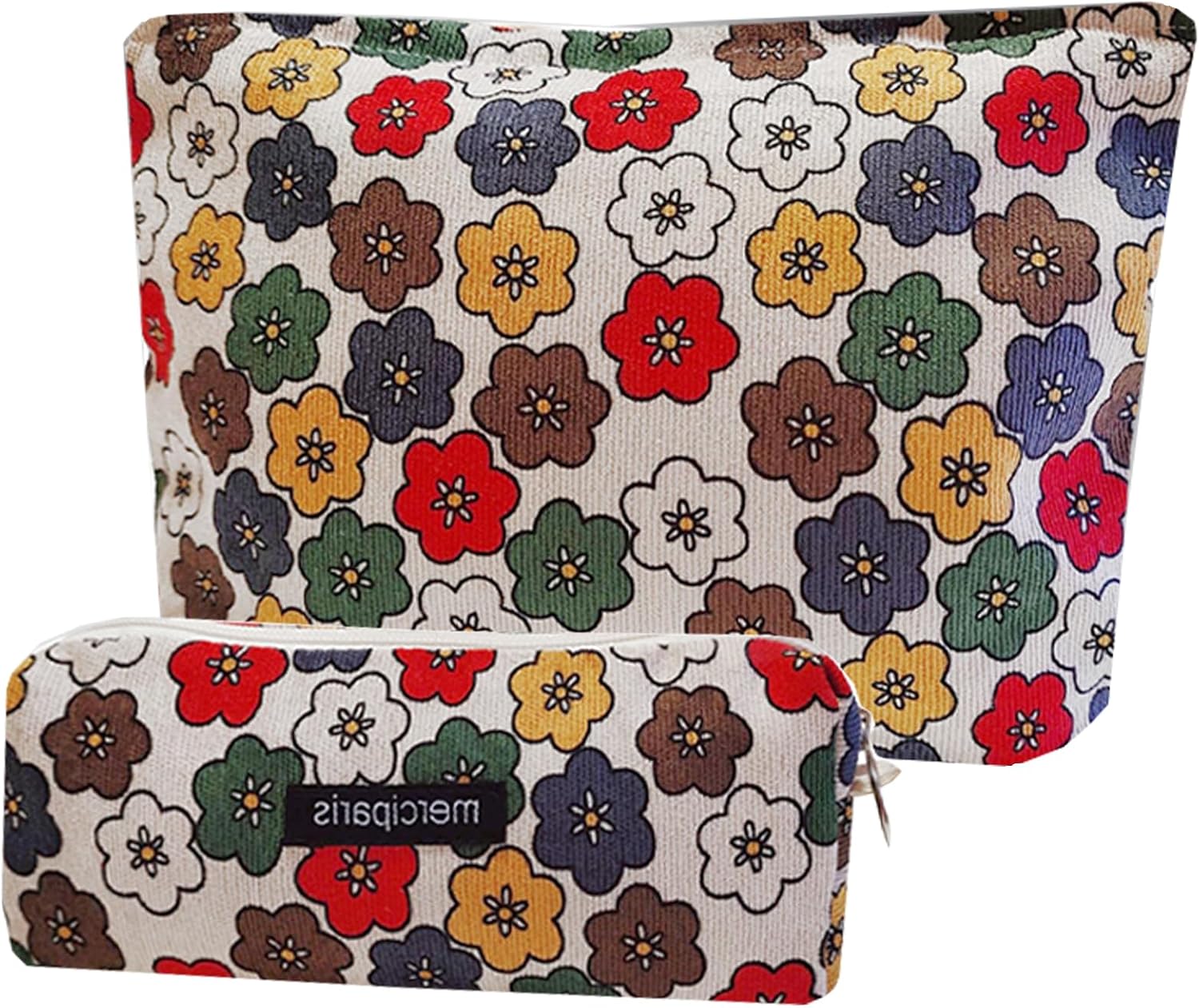 Women Makeup Bag – Corduroy Cosmetic Bag and Cosmetic Brush Bag Set of Two,Fashion Cosmetic Organizer,Sister Gift,Large Capacity Travel Toiletry Bag(Cartoon Flower)