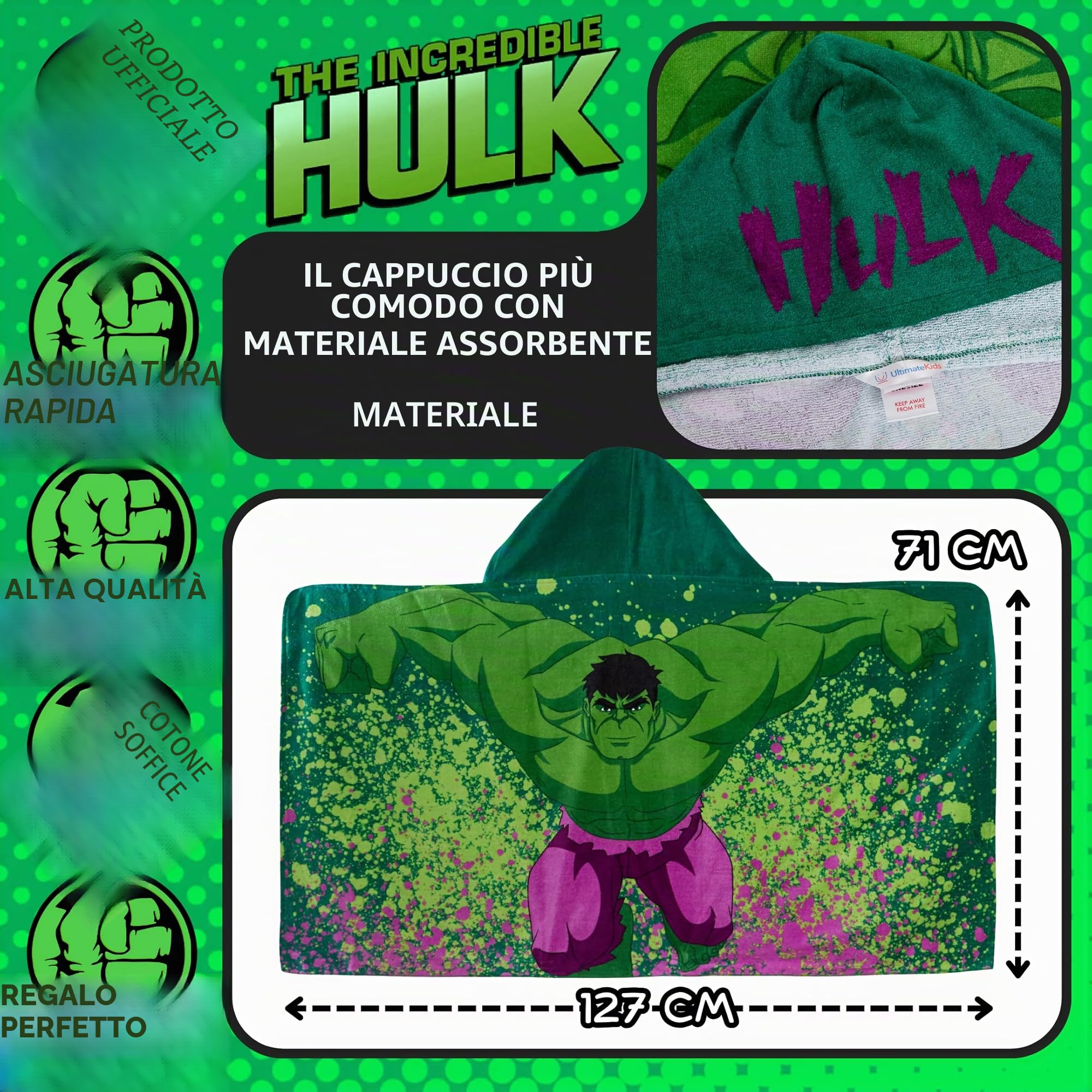 Marvel Asciugamano con cappuccio dell'Incredibile Hulk in 100% cotone Poncho per bambini Asciugamano da spiaggia Avengers Asciugamano da bagno Asciugamano da bagno Avvolgimento da nuoto