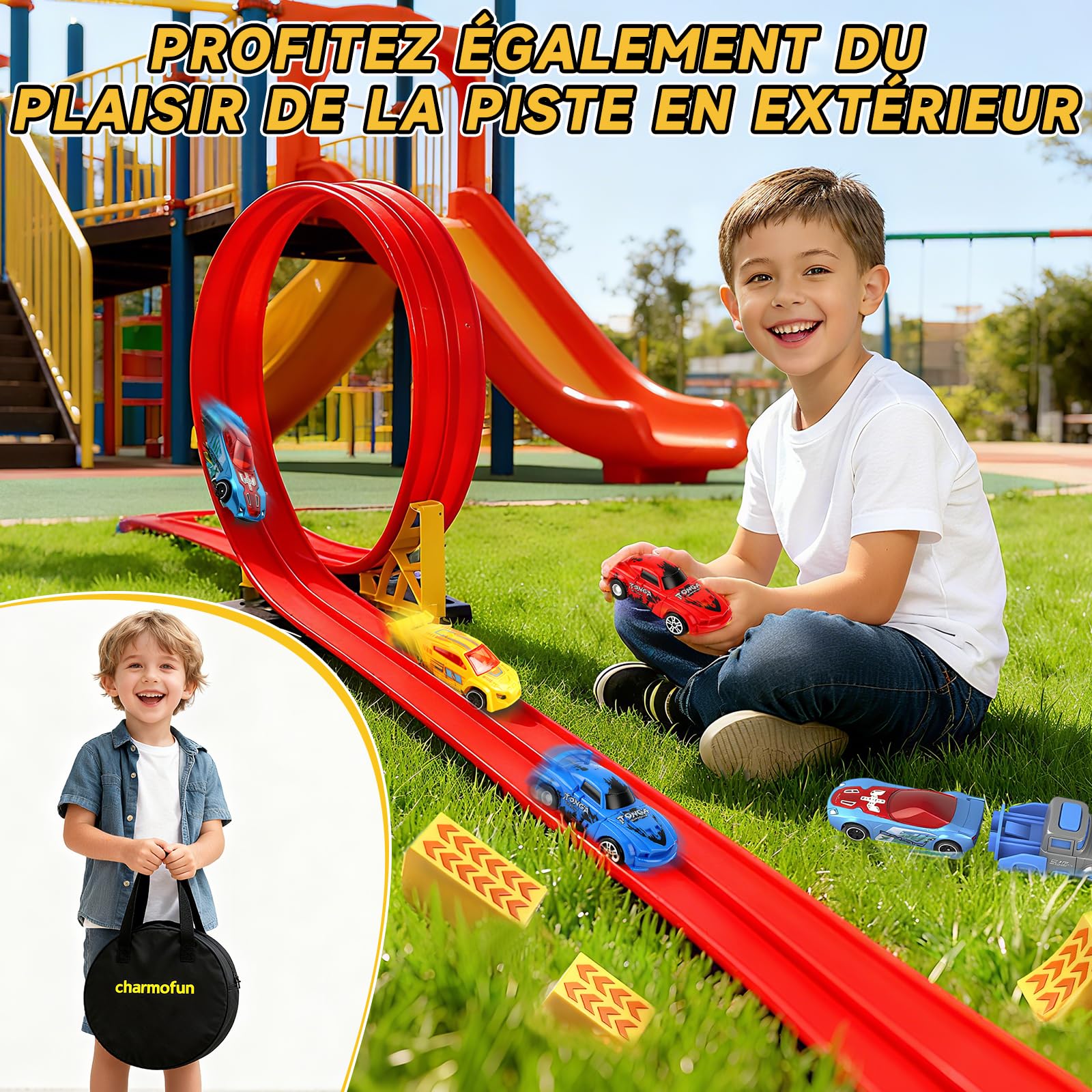 Charmofun Circuit Voiture Enfant 5M, 1:64 Piste de Voiture avec 4 Voitures,Sac Rangement, Circuit de Voiture avec Rampe et Lanceur, Piste de Course Portable Double Voies pour Enfants de 3+ Ans (Rouge)