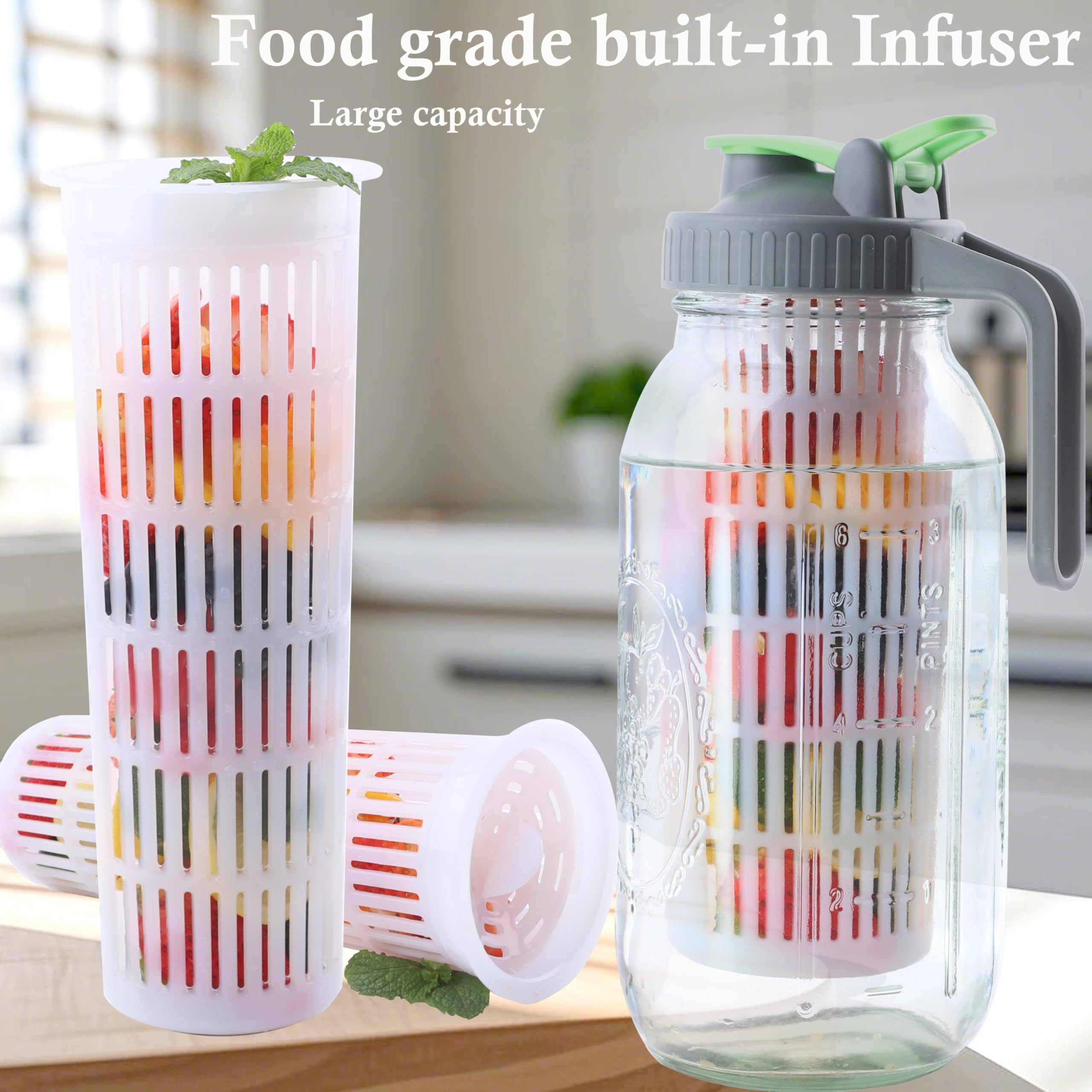 Jarra de agua de vidrio de 2 cuartos de galón con infusor de 64 onzas de boca ancha con infusión de agua fría y caliente, jarra con tapa, medio galón para café, sol, té, limonada, leche materna, jugo