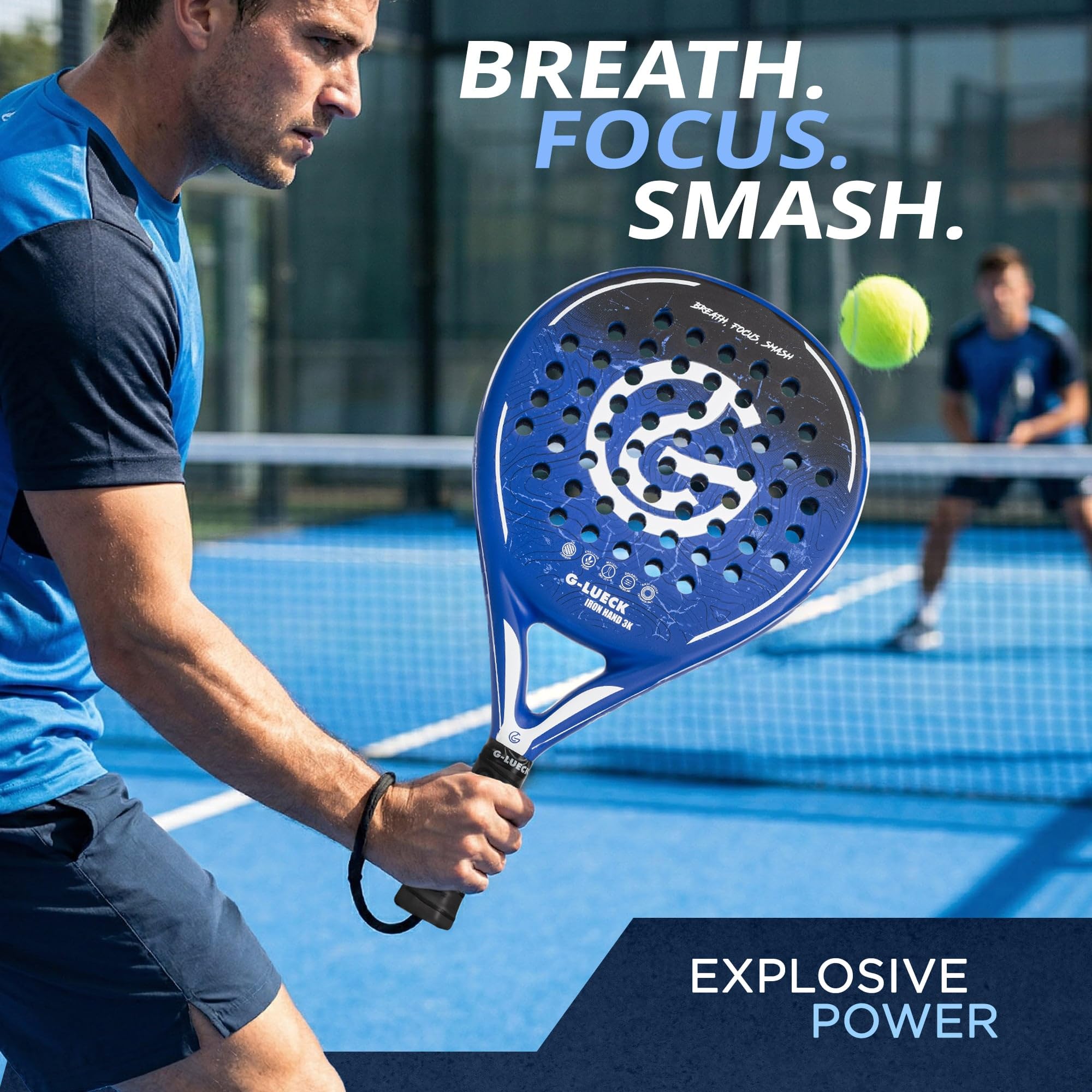 Raquette de Padel Iron Hand 3K Carbone – Forme Ronde, Contrôle et Puissance – Cadre en Carbone Renforcé – pour Débutants et Joueurs Confirmés – Bleue, Housse Incluse