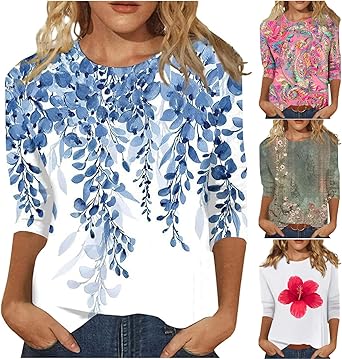 HTHLVMD Womens 3/4 Length Sleeve Tops 2025 Fall Fashion Floral Print Crewneck Causal Trendy Tunic Tops for Women