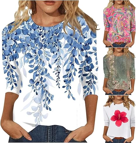 HTHLVMD Womens 3/4 Length Sleeve Tops 2025 Fall Fashion Floral Print Crewneck Causal Trendy Tunic Tops for Women