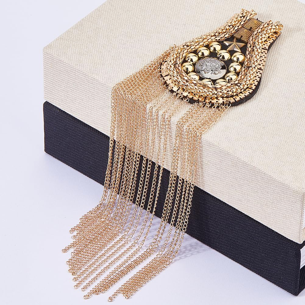 SUPERFINDINGS 2 Pieces Fashion Tassel Epaulettes Golden Flower Shoulder Badge Alloy Epaulet Shoulder Decoration with Iron Chains for Jackets Metal Punk Fringe