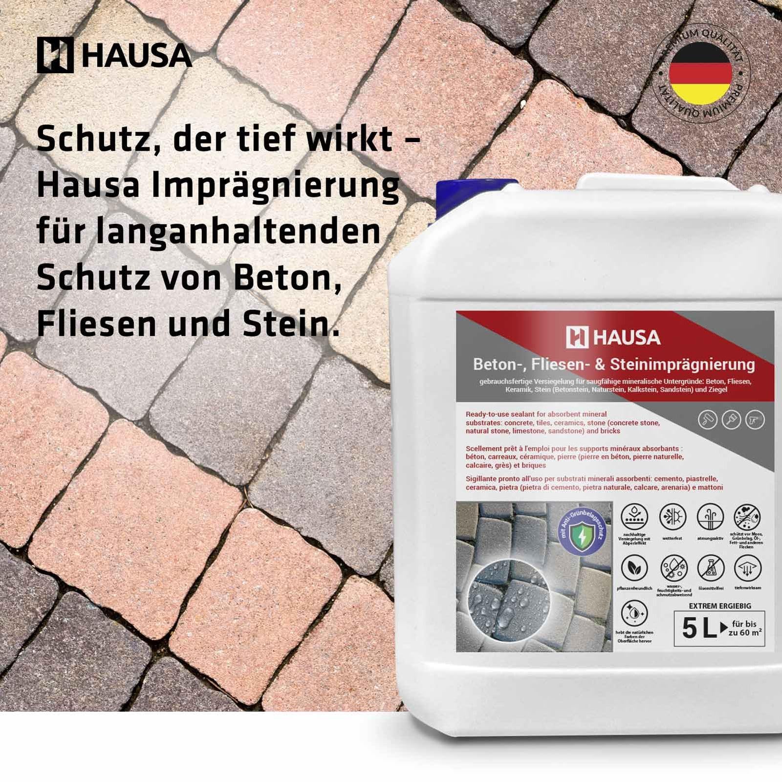 Hausa Steinimprägnierung 10L für ca.120m² Versiegelung für Außen & Innen, Schutz vor Schmutz, Grünbelag, Imprägnierung für Stein Beton Fliesen Ziegel, Abperleffekt, wasser- & schmutzabweisend