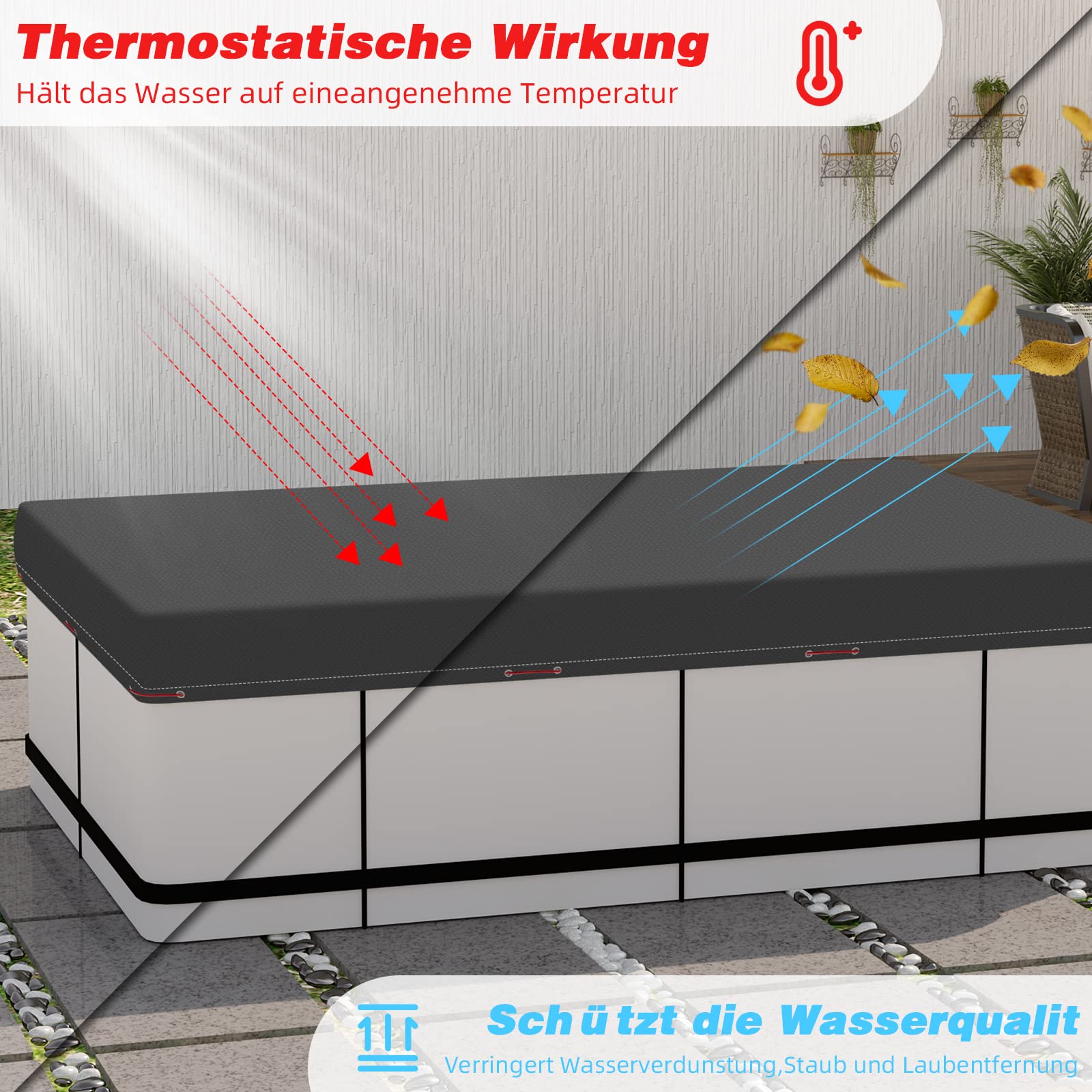 WOLTU Poolabdeckung Rectangular 300x200x20cm wasserdicht, Solarplane Winterabdeckplane aus 200 g/m² PE, Abdeckplane mit Drahtseil und Aluminium-Befestigungselement, dunkelgrau