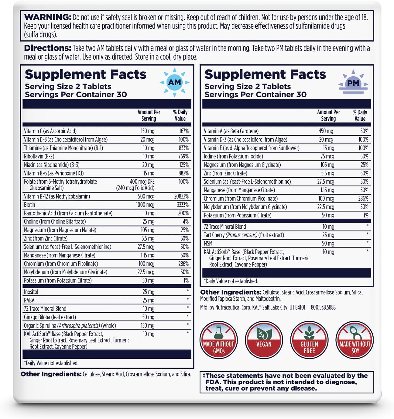 KAL Plus 2-in-1 Multivitamin for Women 50+, AM/PM Vitamin B and D, Biotin, Ginkgo Biloba, Bone Strength and Immune Support, Made Without GMOs and Soy, Vegan, 30 Servings, 120 Tablets