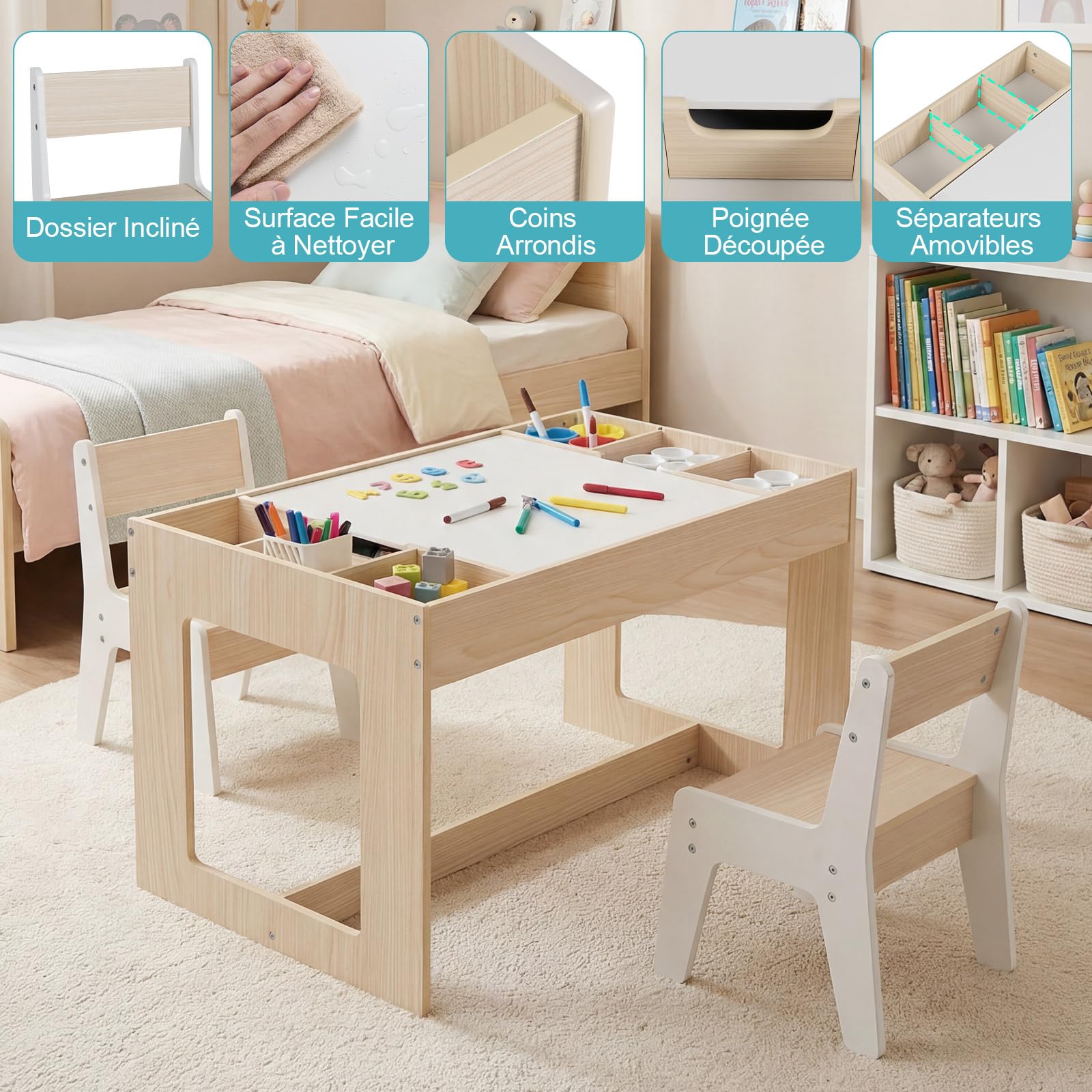 COSTWAY Table Enfant avec 2 Chaises et Plateau Réversible, Table Enfant avec Rangement et 6 Compartiments Latéraux, Tableau Noir et Blanc pour Jouer Dessiner, Bureau à Dessin pour 3 Ans+ (Naturel)