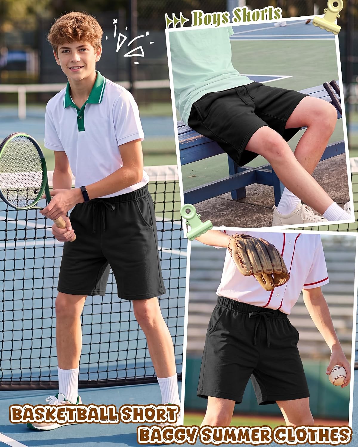 3 Pack Boys Shorts Kids Straight Leg Athletic SweatShorts with Pockets Basketball Casual Short Baggy Summer Clothes