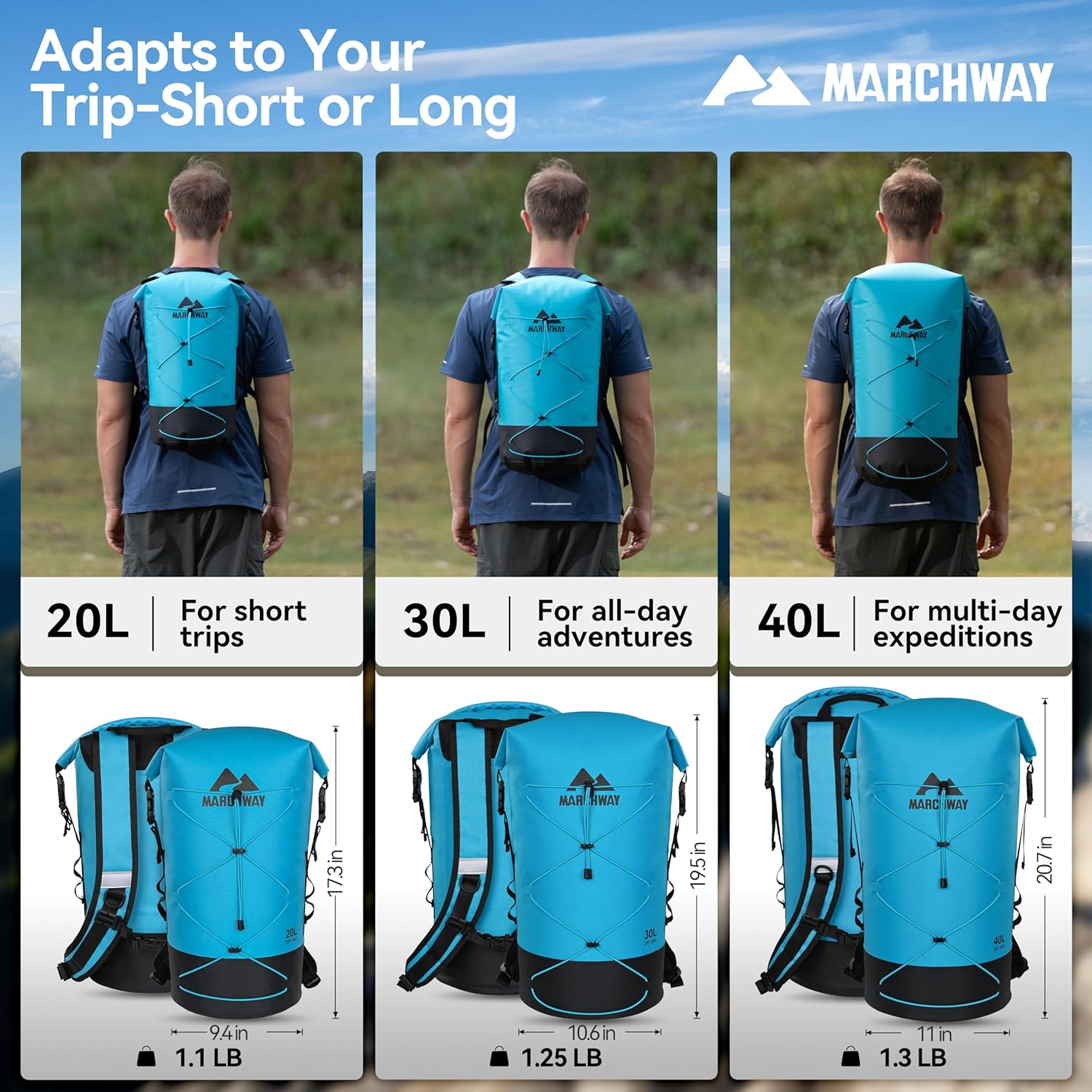MARCHWAY Floating Roll Top Dry Bag, Flexible Lightweight TPU Waterproof Backpack 20L/30L/40L with Padded Straps for Boating, Kayaking, Swimming, Hiking, Beach (Blue, 40L)