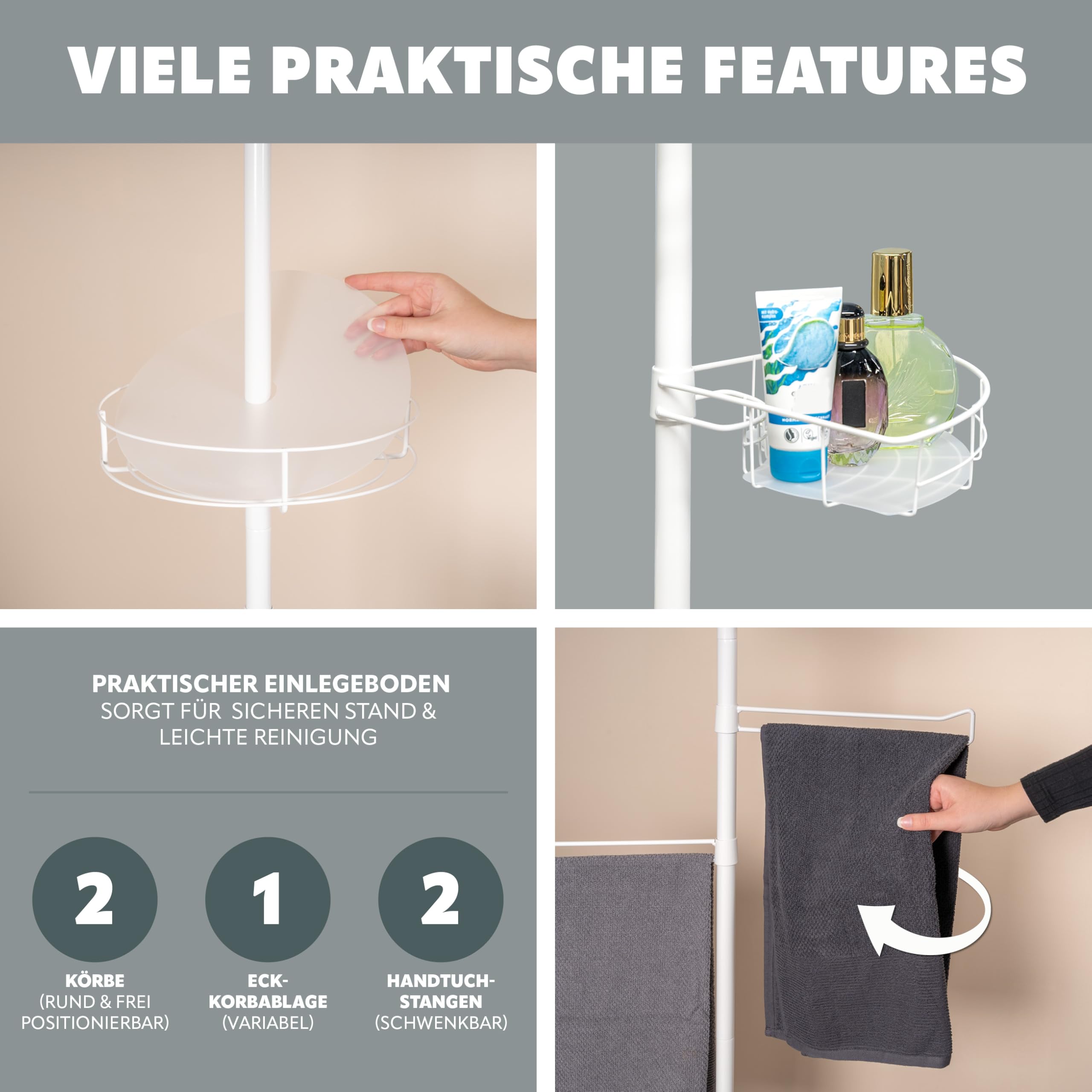 bremermann Teleskop-Badregal mit 3 Körben und 2 Haltern für Handtücher, ideal für Shampoo, Kosmetikartikel, Badutensilien uvm., höhenverstellbar bis max. 290 cm, aus Metall in Weiß