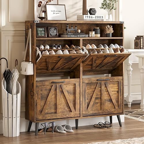 Armario de zapatos con 4 cajones abatibles, armario de almacenamiento de zapatos de granja para entrada, estante organizador estrecho independiente