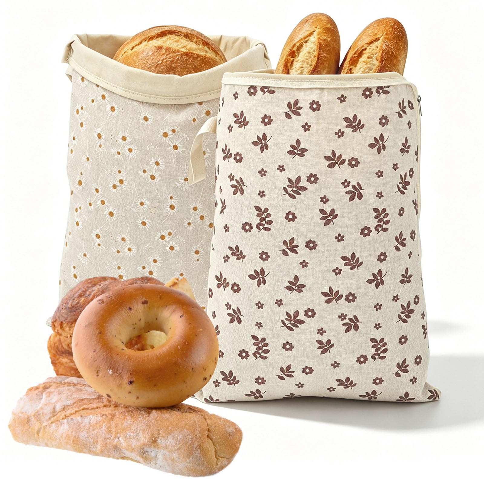 2 Pack Reusable Beeswax Bread Bags, Large Natural Beeswax-Cotton Linen Storage Bag with Zipper and Handle, Freshness Keeper for Homemade, Sourdough, Bakery Essentials(Style 2)