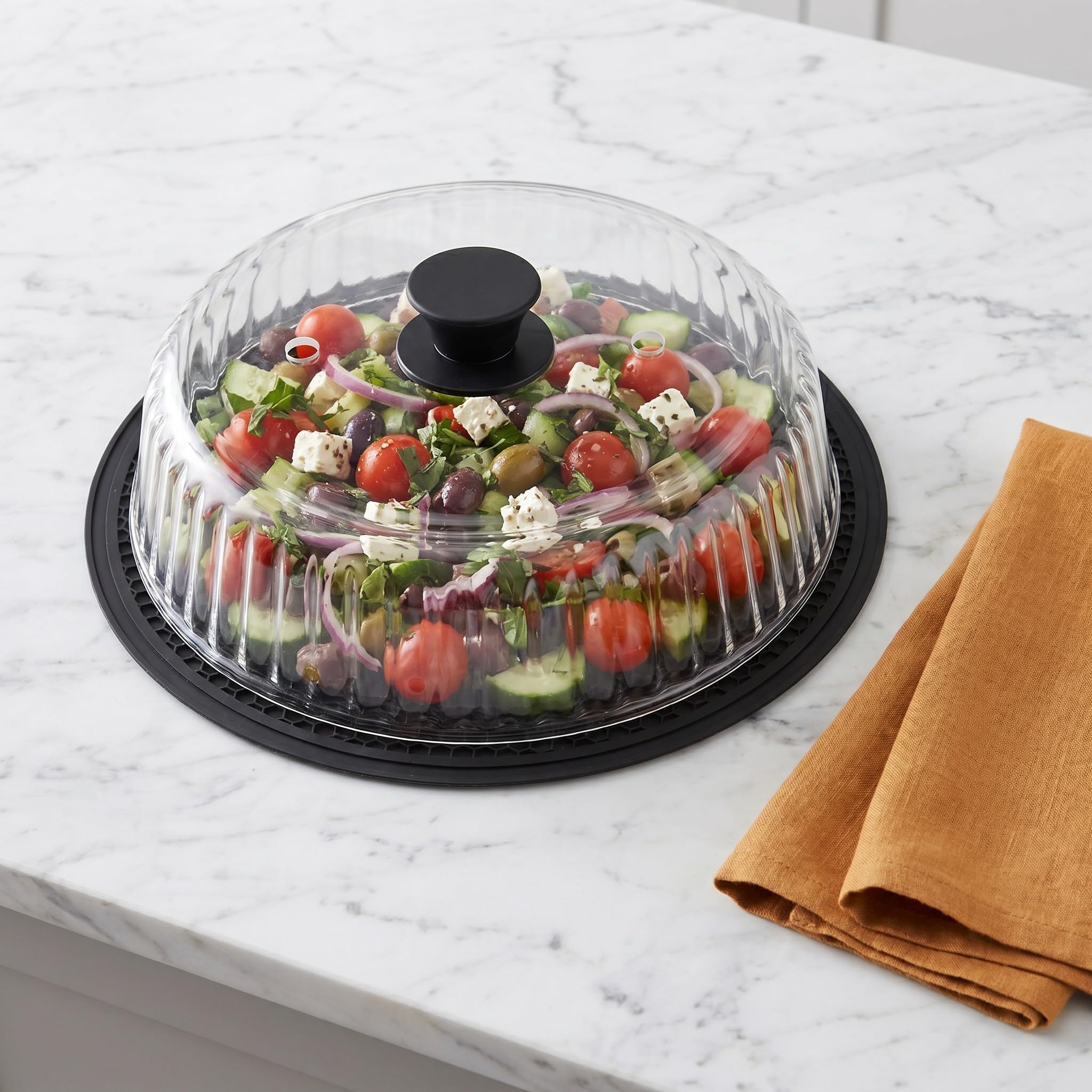 Zerodeko Coperchio in vetro per microonde anti-schizzi, da 25 cm, in vetro borosilicato, con pomello in silicone e tappetino per piatti e stoviglie, cupola ventilata per un riscaldamento uniforme.