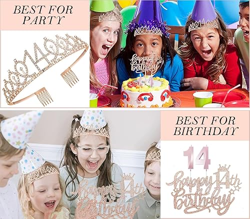 Miniatura 8 de Decoraciones de cumpleaños número 14 para niñas, banda y corona de cumpleaños número 14, tarjeta desplegable, decoración de pastel, velas y globos